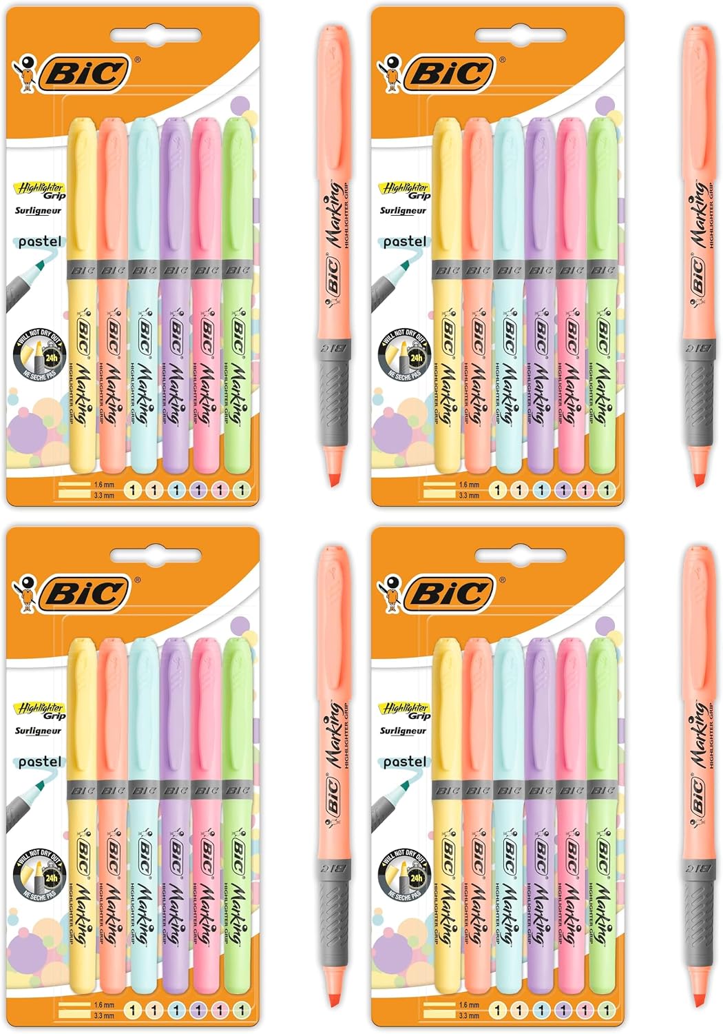 Thumbnail 4 de BIC Highlighter Grip with Ribbed Rubber Grip – 12 Pack (Intense & Pastel Colours)