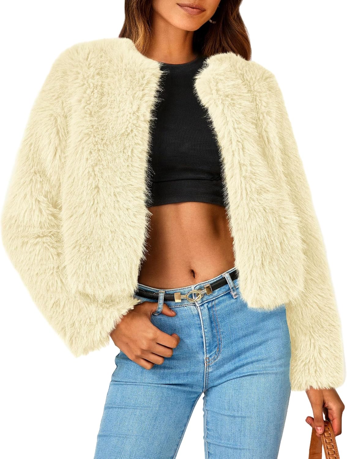Detalle de PRETTYGARDEN Women's Cropped Faux Fur Coat