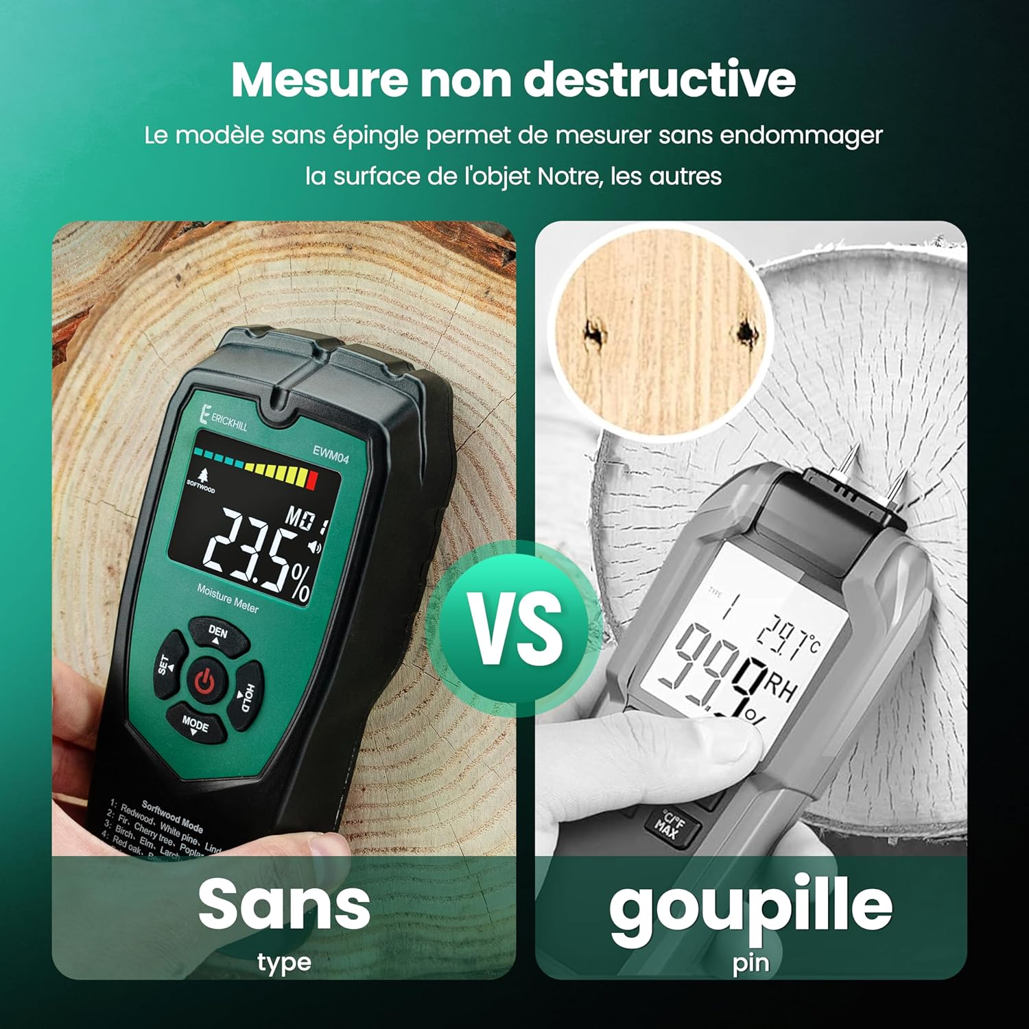 Thumbnail 6 de ERICKHILL Humidimètre non invasif en bois – 4 modes, écran LCD rétroéclairé, détection humidité pour bois, cloison sèche et maçonnerie