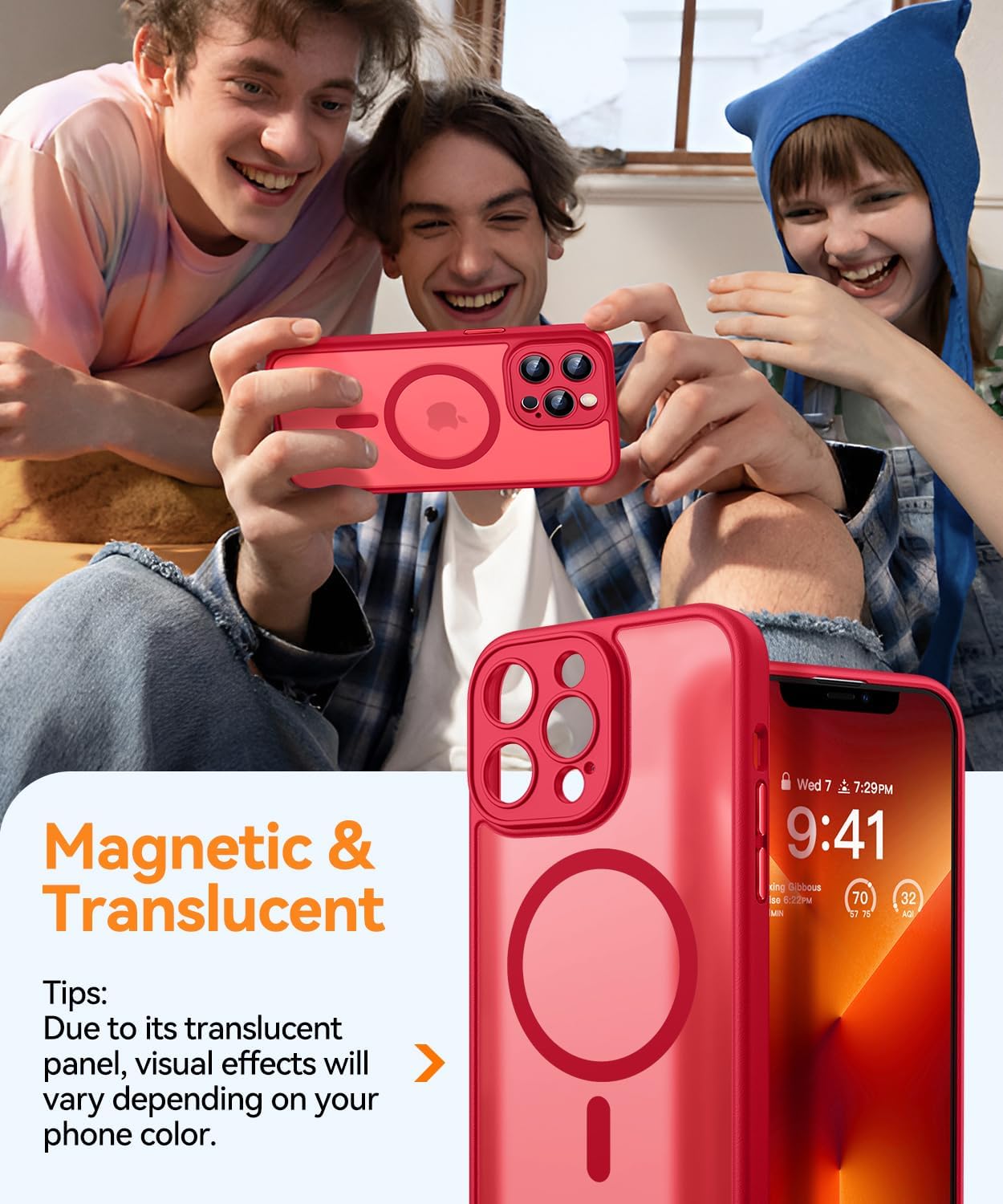 Thumbnail 2 de CANSHN Coque Magnétique pour iPhone 13 Pro Max (6,7 pouces) – Protection complète de la caméra, MagSafe et fini mat translucide Rouge