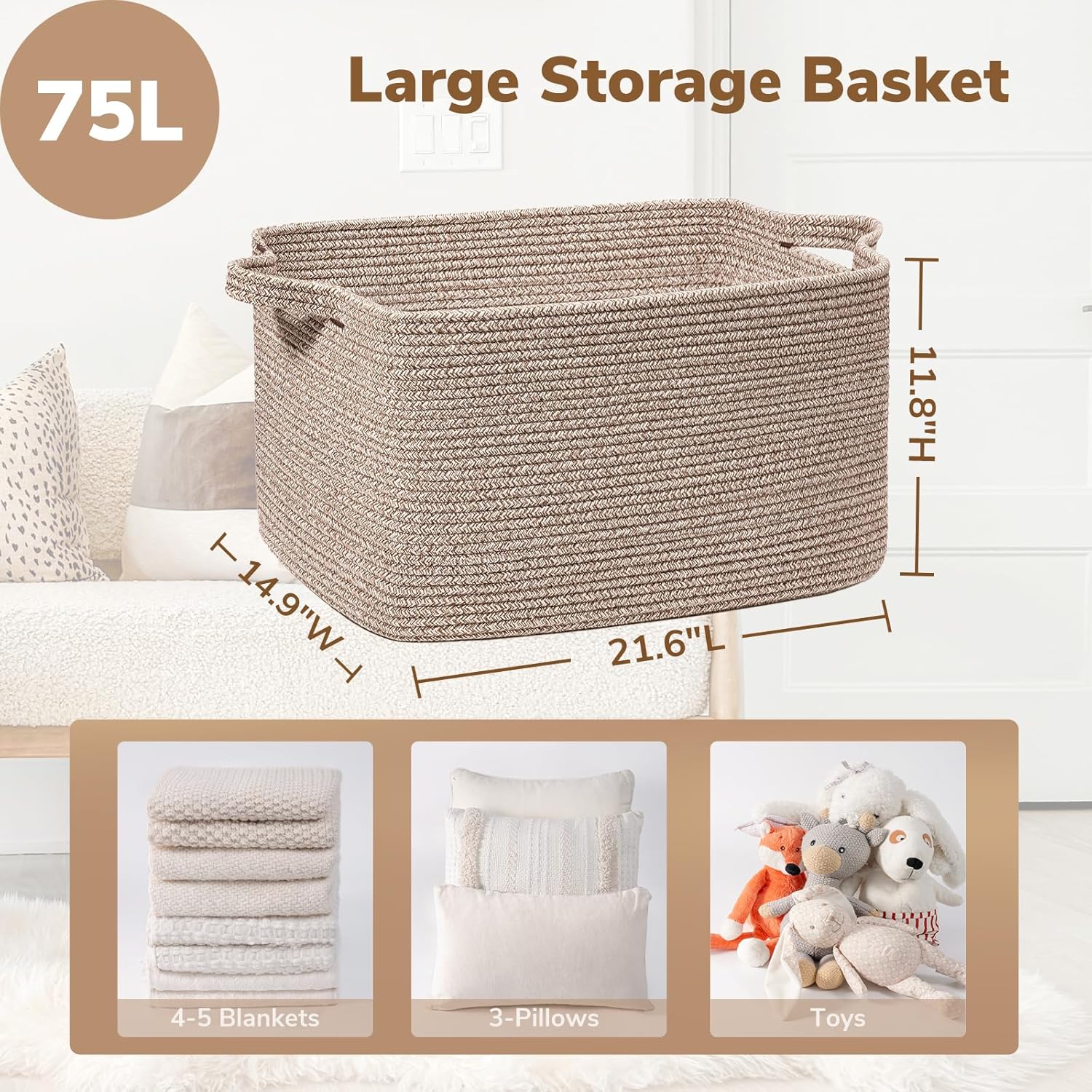 Detalle de Goodpick rope21-Lsquare brownGoodpick Woven Laundry Basket, 75 L Cotton, Brown