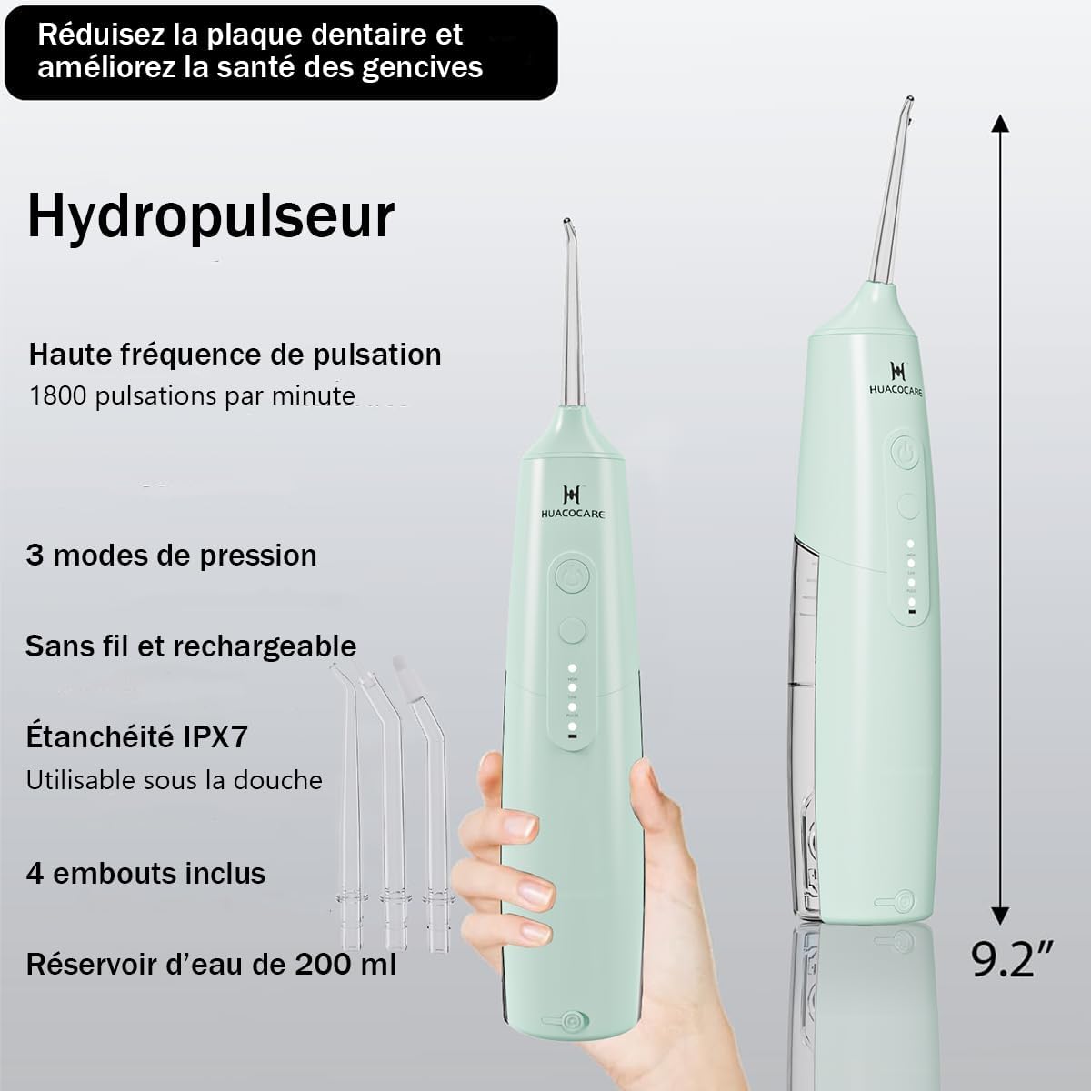 Thumbnail 2 de Kit de nettoyage buccal 2-1 : Hydropulseur dentaire et brosse à dents électrique (vert clair)