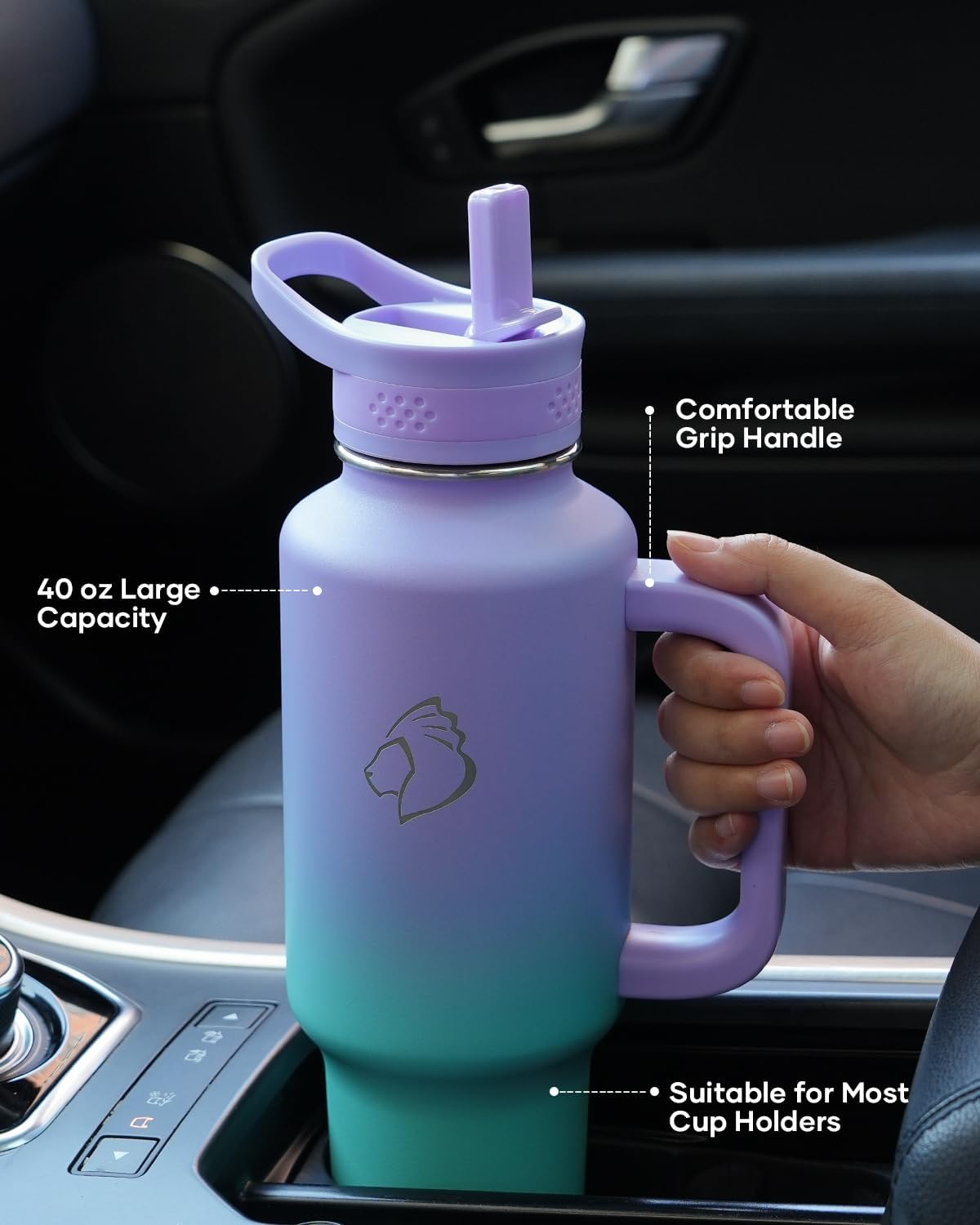 Detalle de BUZIO Isolierte Wasserflasche mit Becherhalterfreundlich, 40oz – Thermo-Becher mit Griff, spülmaschinenfest, hält 48 Std. kalt