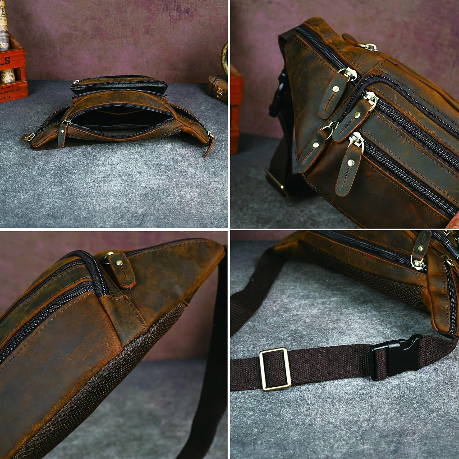 Detalle de Handadsume Echtleder Hüfttasche – 32 x 12 x 17 cm, Crazy Horse Leder, 75–110 cm Taille