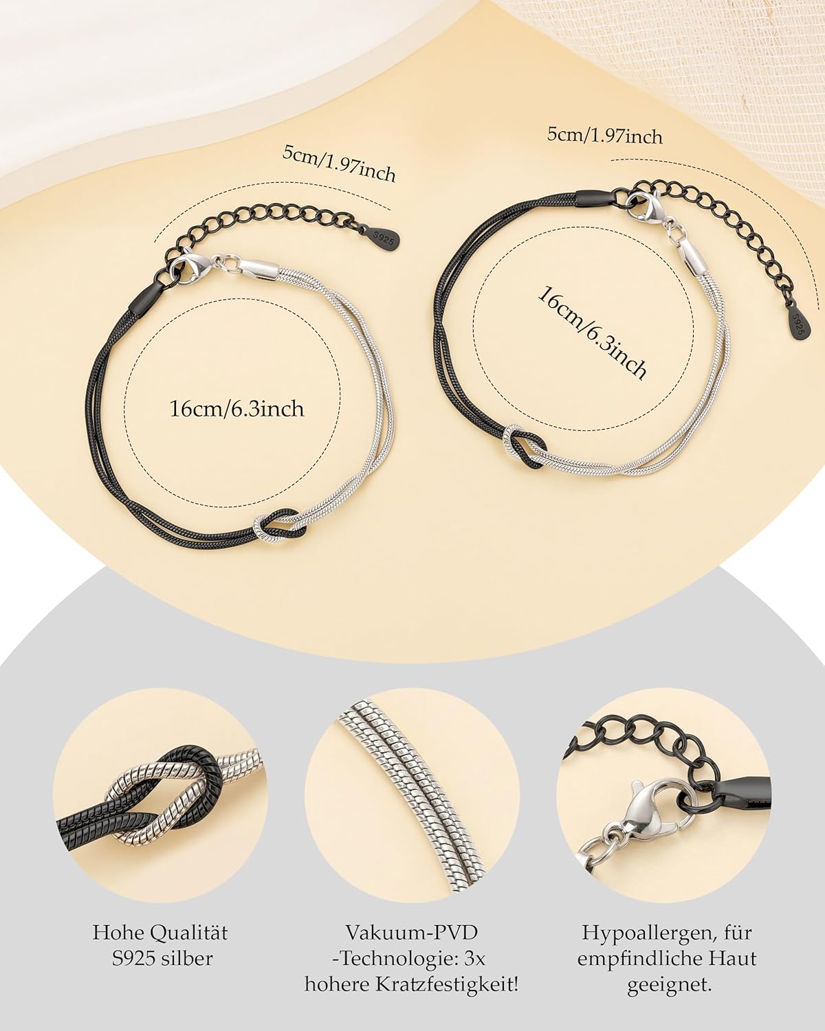 Thumbnail 4 de 2PCS Freundschaftsarmbänder Set – Silber 925 und 14K vergoldet, verstellbar