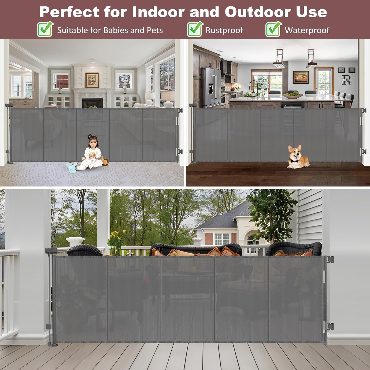 Detalle de 41" Extra Tall Retractable Pet Gate, Up to 100" Wide, Gray