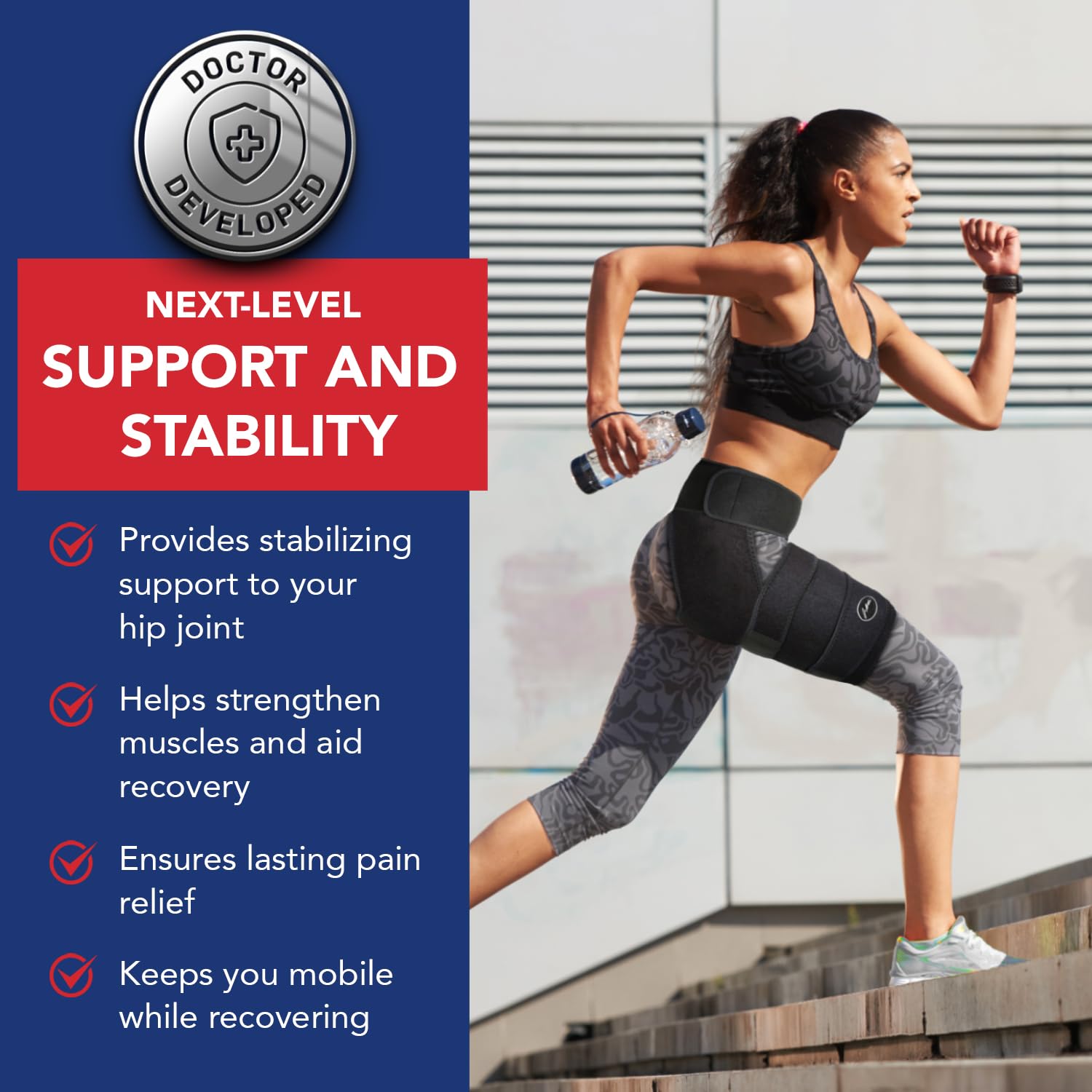 Thumbnail 1 de Dr.Arthritis Doctor Developed Hip Support Brace & Doctor Handbook – Hip stabilising brace for sciatica, piriformis & hamstring support (S/M, Black Right)