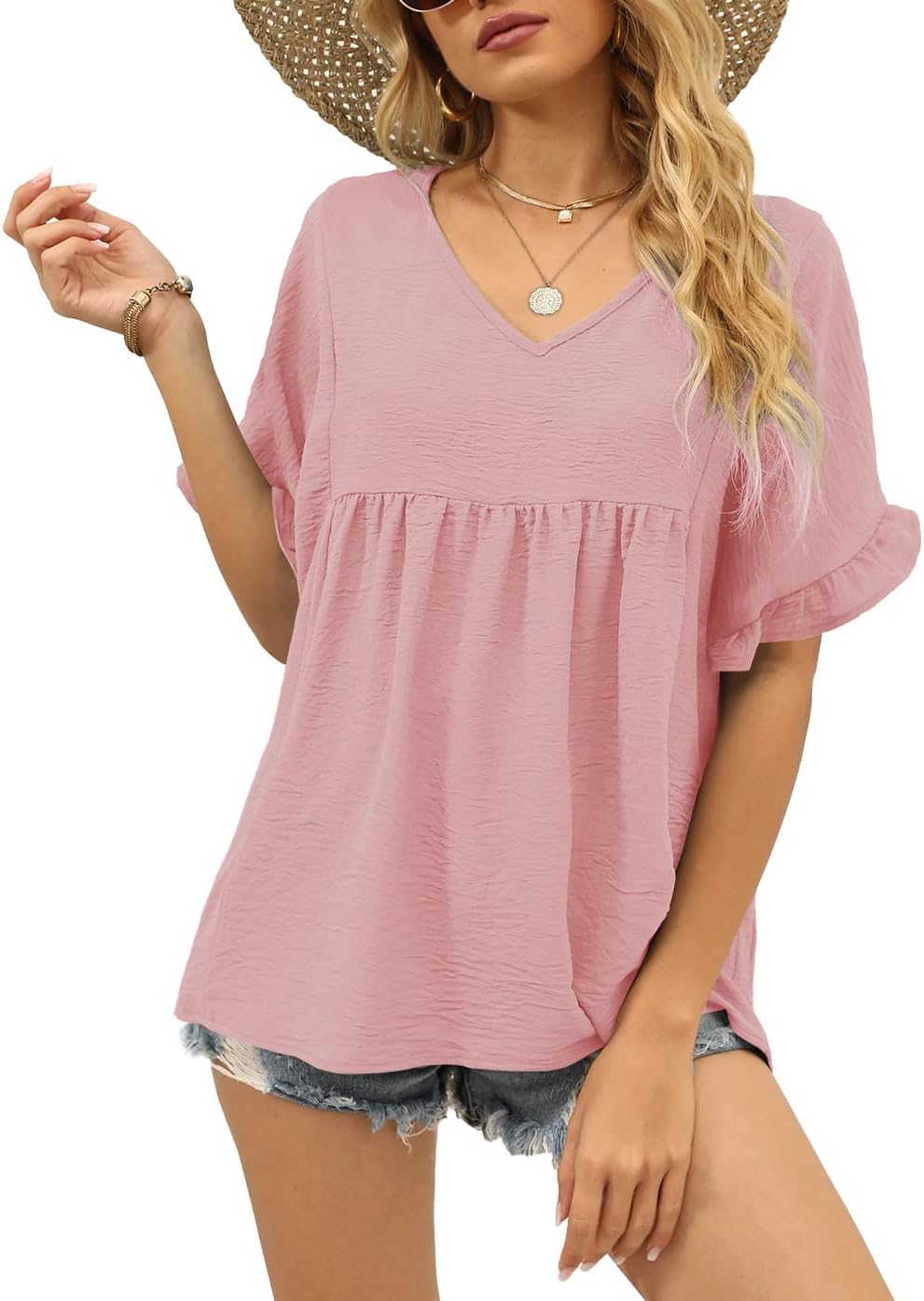 Detalle de WIHOLL Women’s V-Neck Ruffle Sleeve Babydoll Peplum Top (Casual Loose Fit)