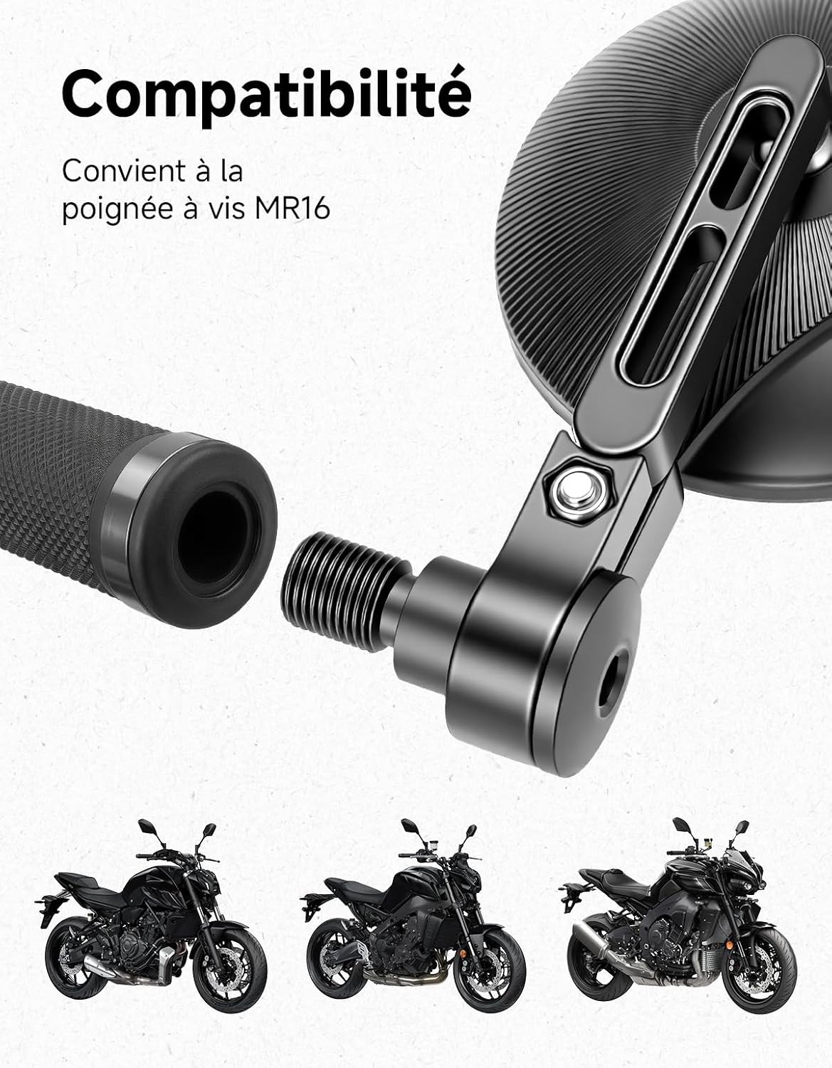 Detalle de Lot de 2 rétroviseurs moto homologués E24 KEMIMOTO CNC, pivotants 360° pour guidons filetés MR16 (bout du guidon)