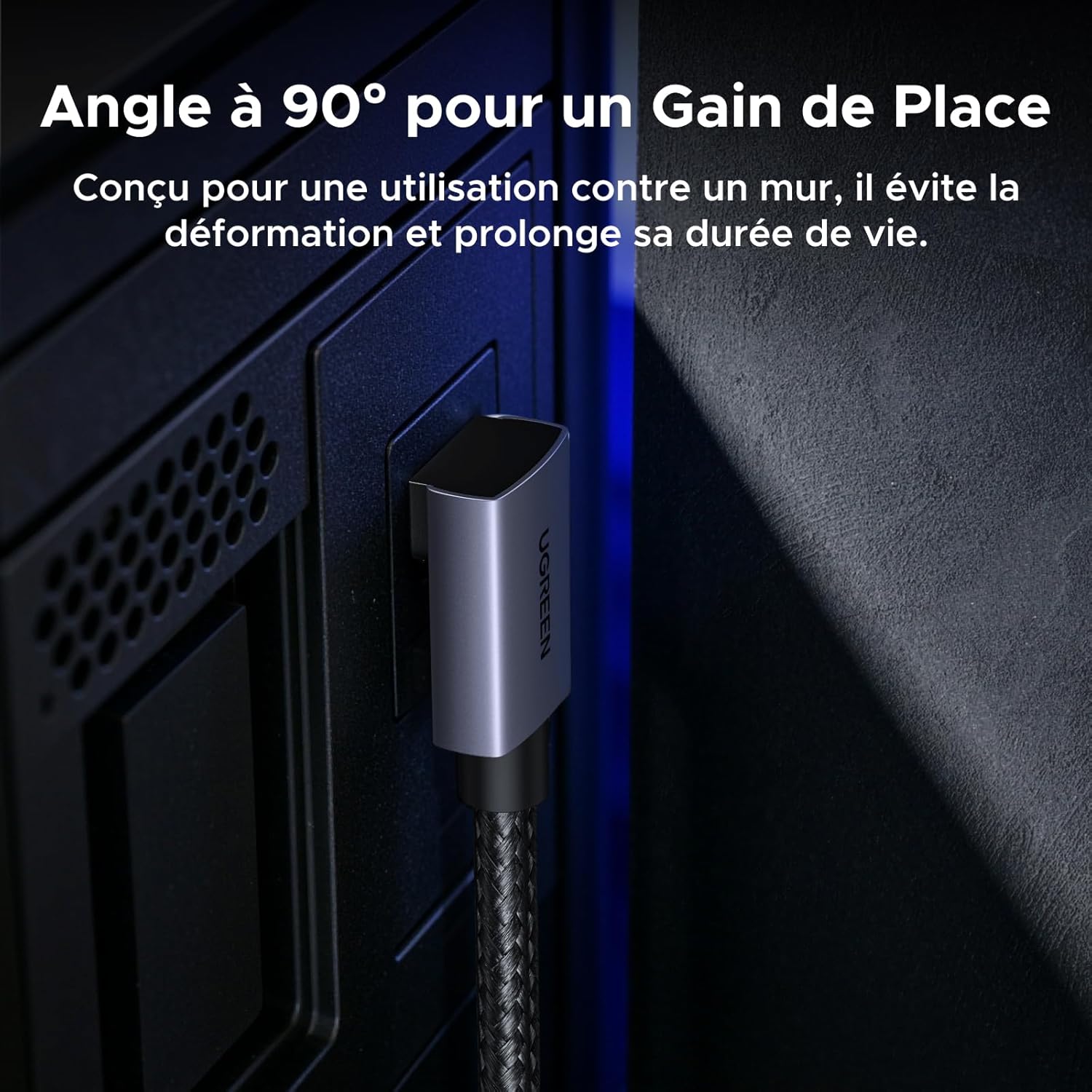 Detalle de UGREEN Câble DisplayPort à 90° 16K/8K — DP 2.1, 80 Gbps, nylon tressé, 2 m