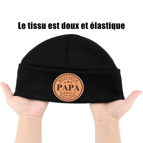 Detalle de Merclix Bonnet Noir Tricoté avec étiquette cuir – cadeau idéal pour papa