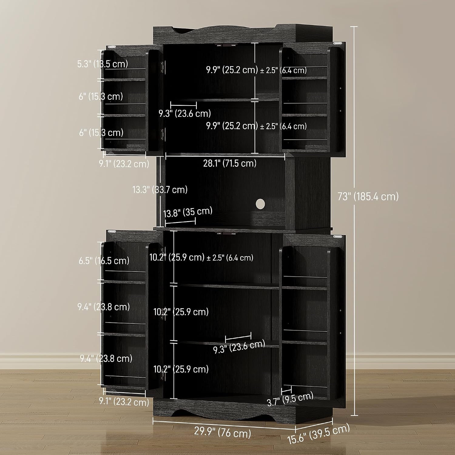 Detalle de HOMCOM 83A-364V80BK Kitchen Pantry Cabinet, 4 Doors, 12 Door Shelves, Black