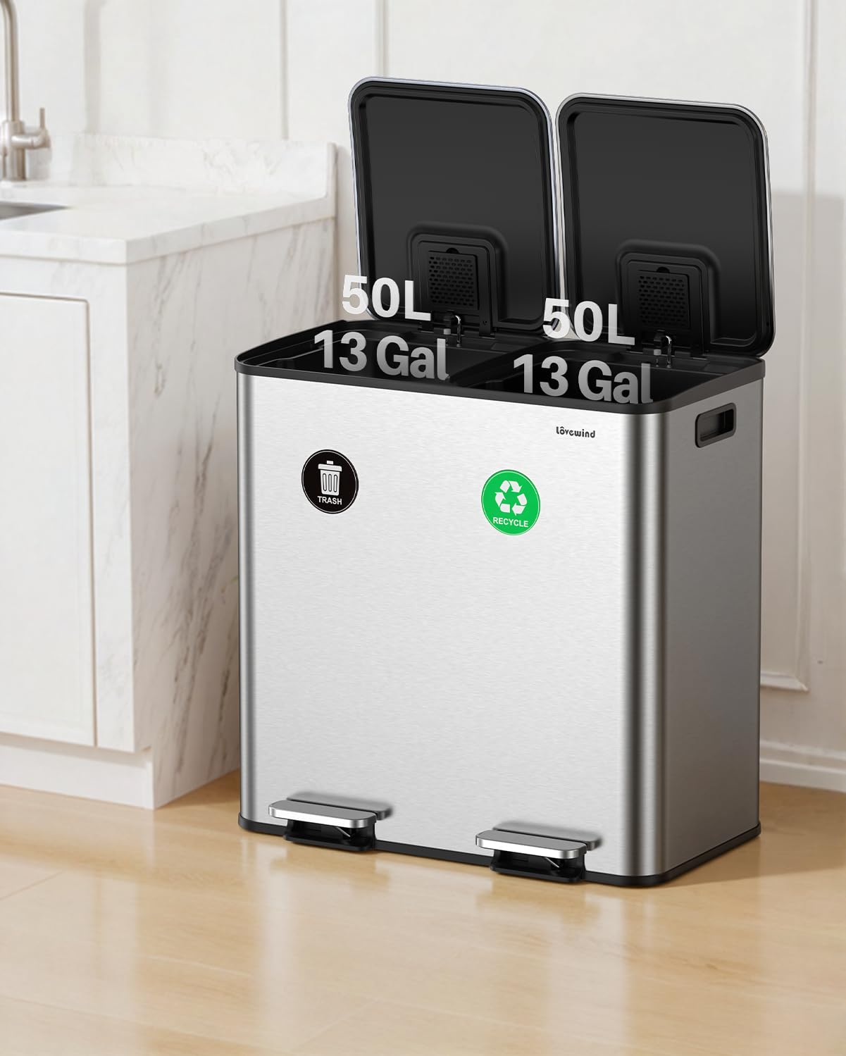 Detalle de Lovewind Dual Trash and Recycling Bin, 2 x 13-Gallon, Stainless Steel