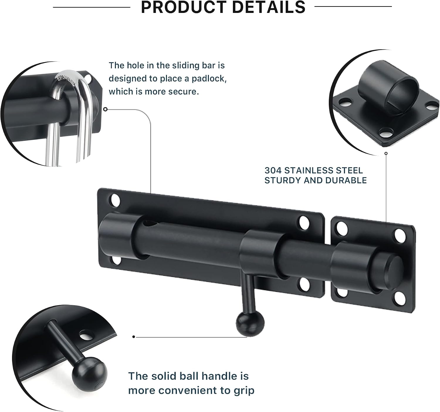 Thumbnail 2 de Sayayo EMS8000-B Slide Gate Latch Bolt — 150mm, 16mm Ø Bar, SUS304 Stainless Steel, Matte Black