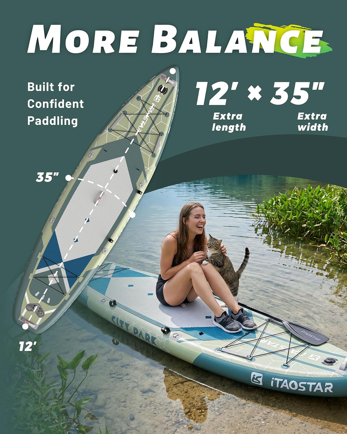 Detalle de iTAOSTAR City Park 12' x 35" Extra Wide Paddle Board with Seat — All-in-One Premium SUP Kit