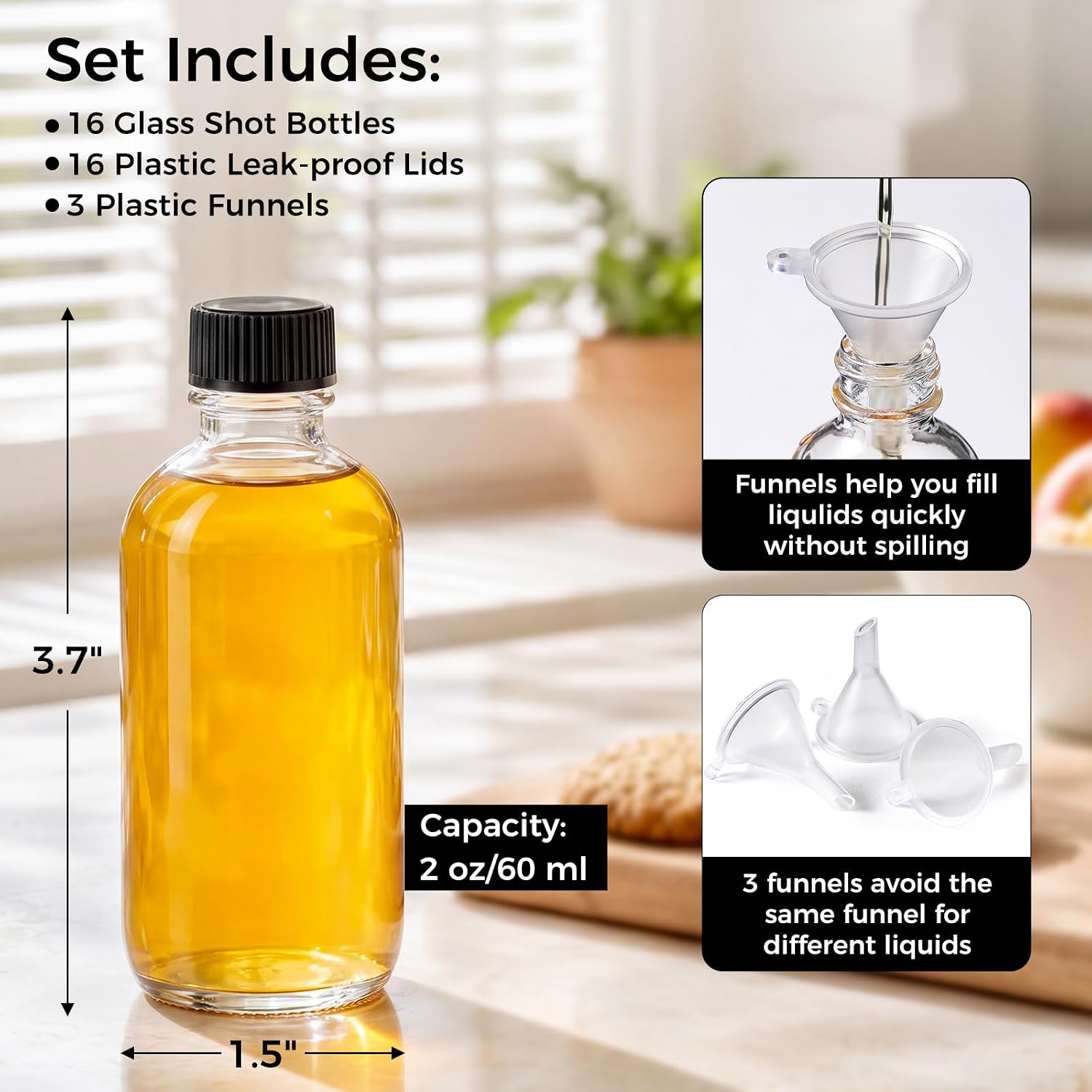 Detalle de AOZITA 16-Pack 2 oz Clear Glass Bottles with Lids & 3 Funnels – 60ml Boston Round for Health, Wellness, Travel & DIY