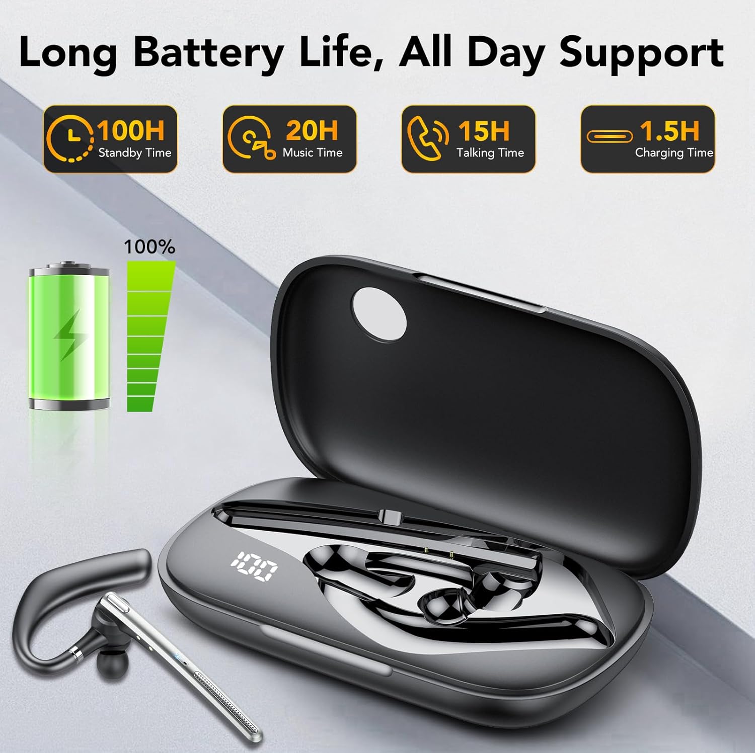 Thumbnail 2 de Bluetooth Headset V5.4 mit LED-Ladebox – ENC Dual Mikrofone, IPX7, 2 Geräte gleichzeitig