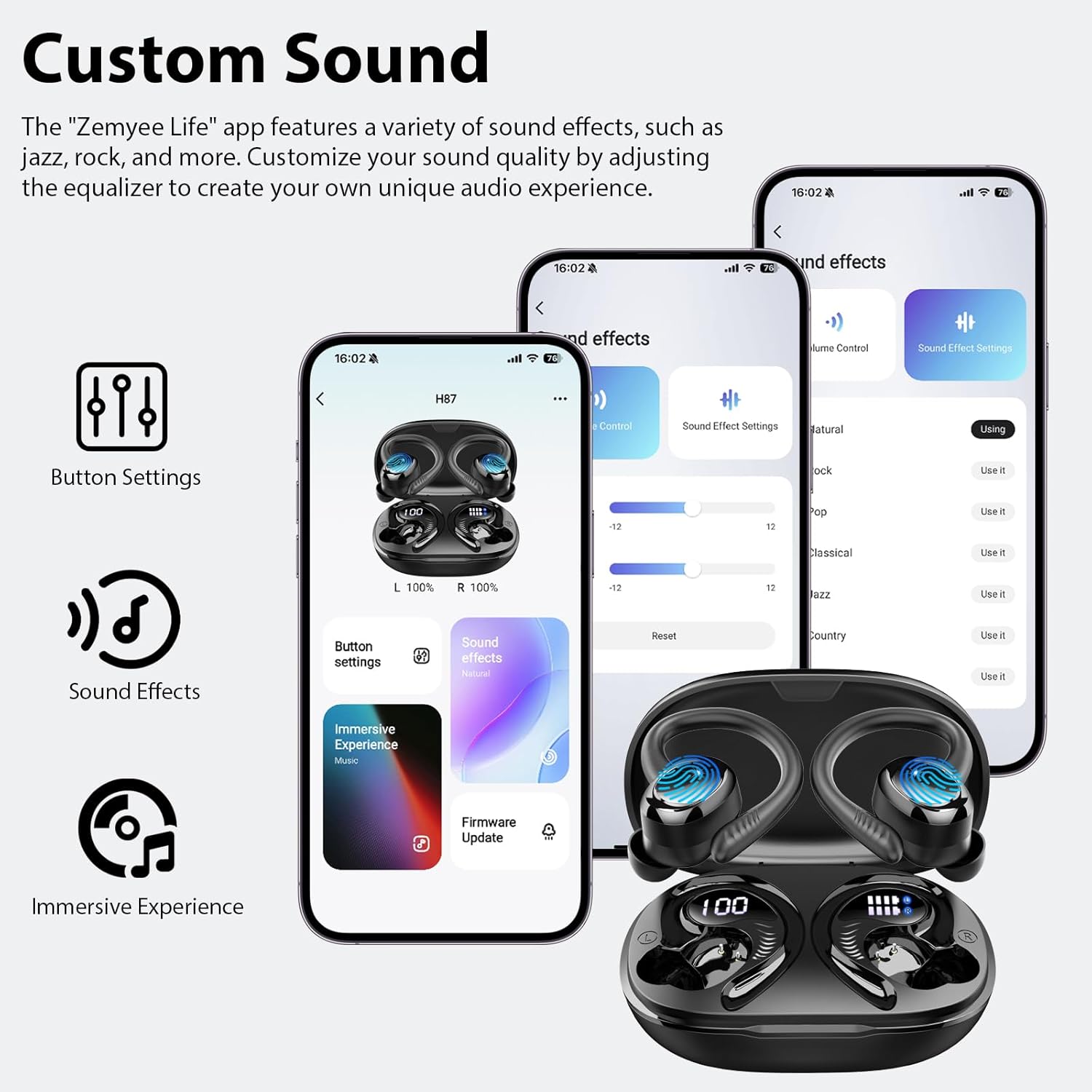Thumbnail 2 de Hupoaf écouteurs Bluetooth 5.4 sport avec crochets, ENC 4 micros et écran LED