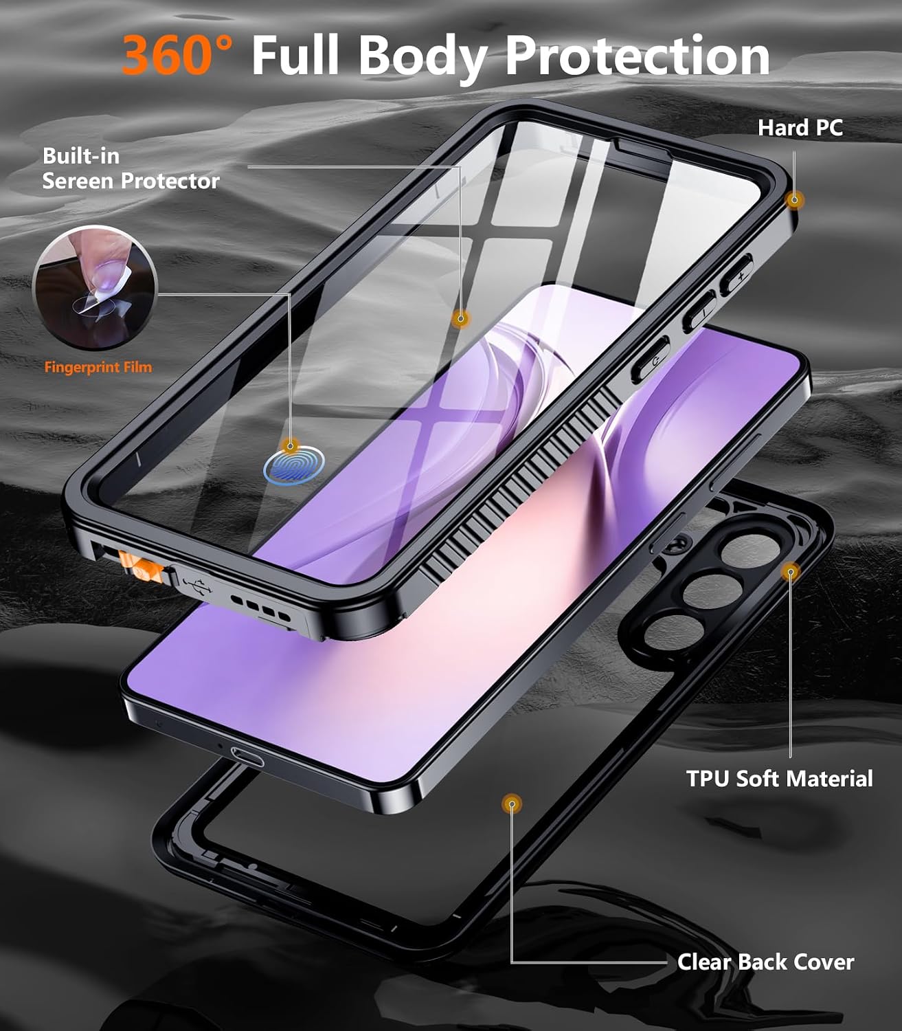 Detalle 2 de Temdan Waterproof Case for Samsung Galaxy S26 (6.3") — IP68, Built-in Screen & Lens Protection, Military Shockproof Design (Black, 2026)