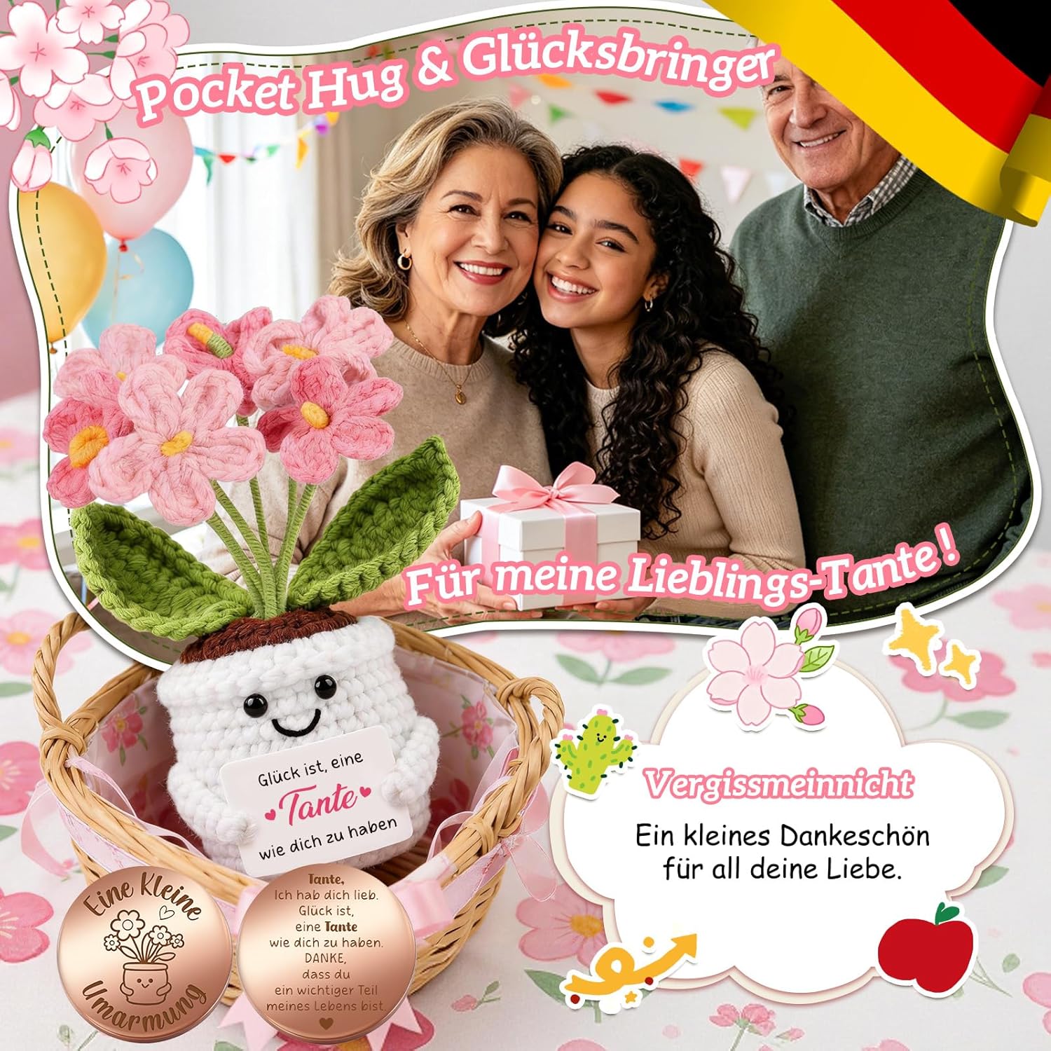 Detalle de Giftota Pocket Hug Vergissmeinnicht – handgehäkelte Blume im Topf als persönliches Dankeschön für Tante