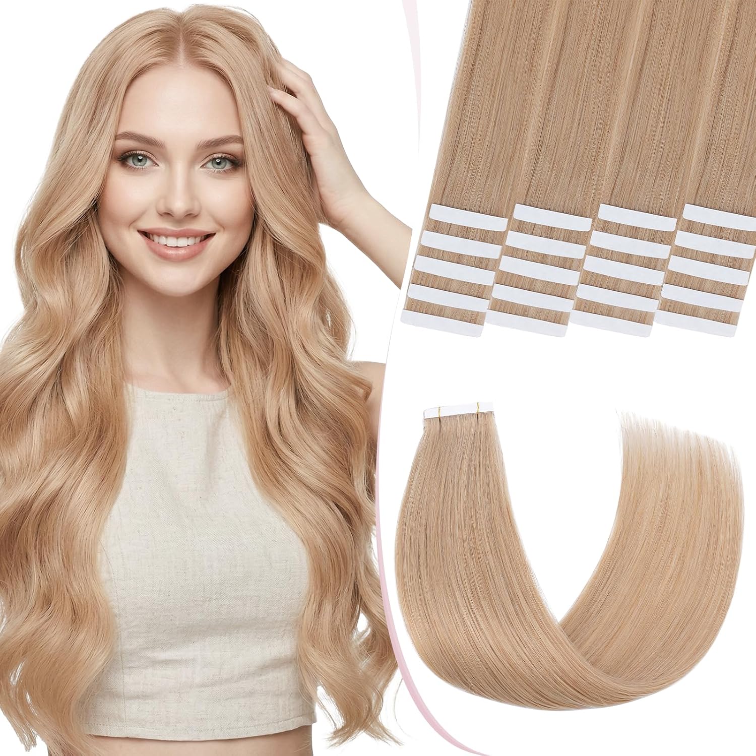 Detalle de SEGO Extension Cheveux Naturel Adhesif Lisse Leger 20 Pièces – Ruban Blanc 45 cm