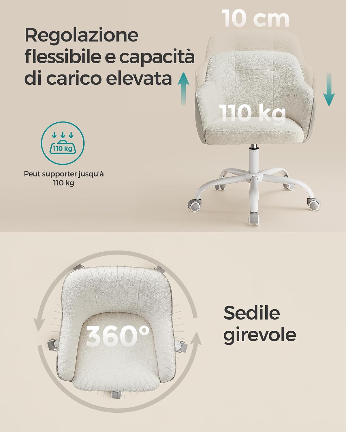Thumbnail 6 de SONGMICS Sedia da studio in casa girevole e regolabile in altezza OBG019W01 beige cappuccino