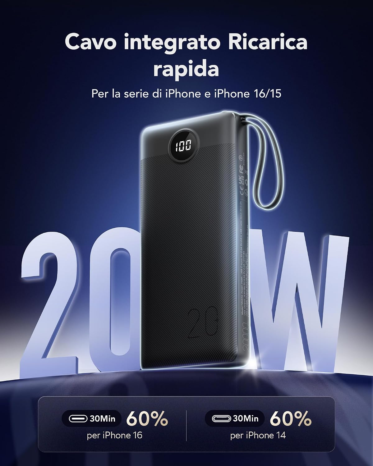 Detalle 2 de VRURC Power Bank 20000mAh USB C 22.5W