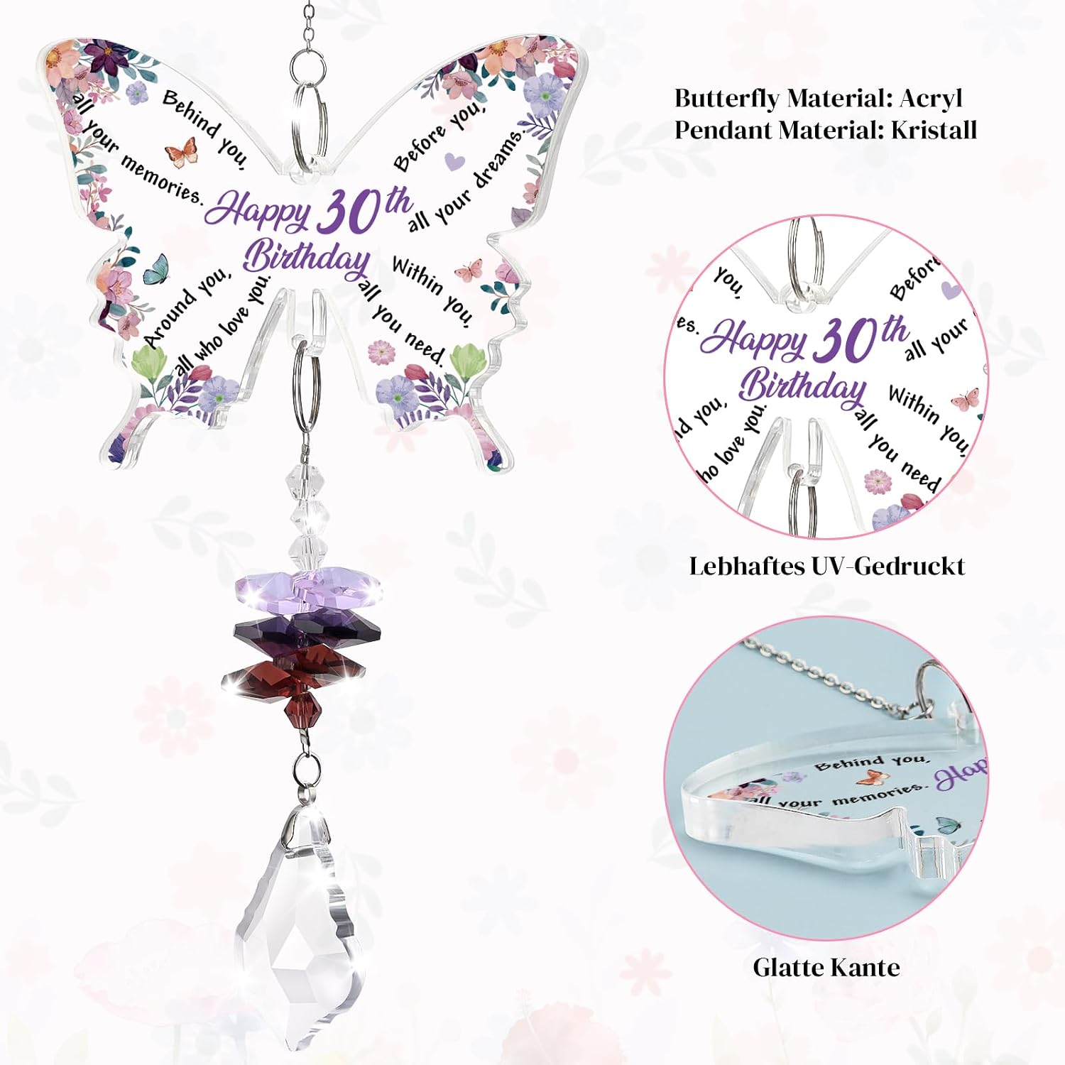 Detalle 2 de KAAYEE 30th Birthday Butterfly Crystal Suncatcher Gift – Amethyst Pendant, Engraved Keepsake