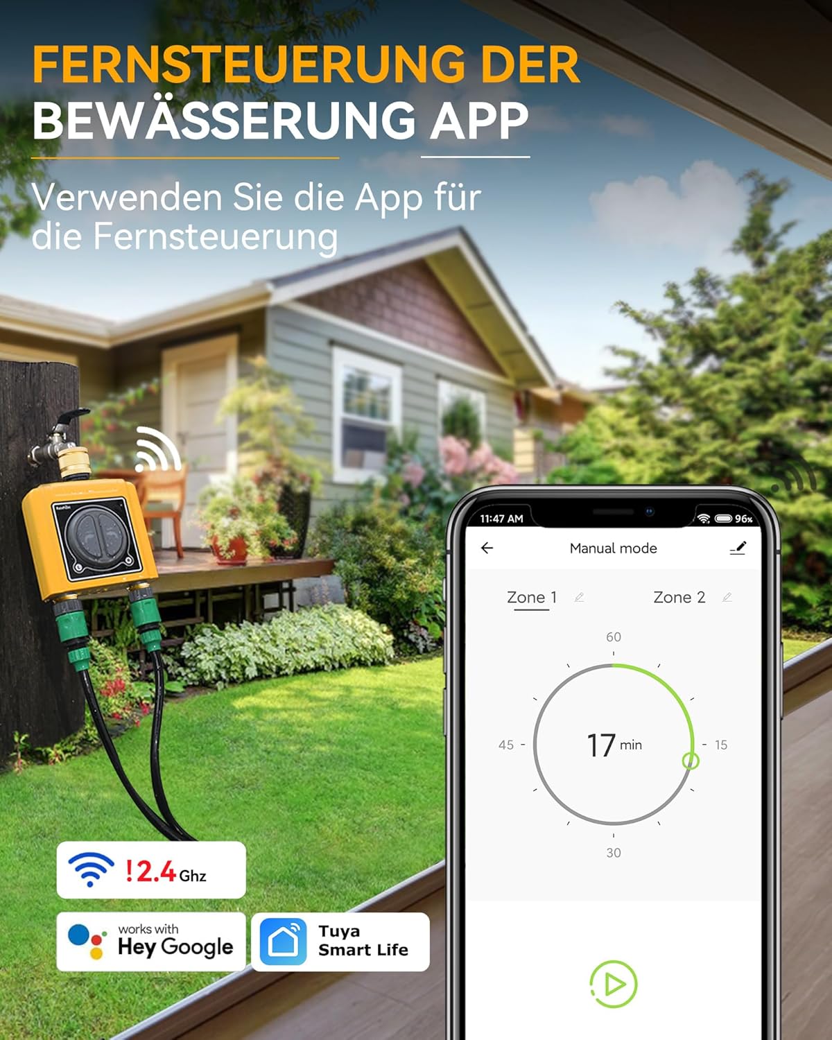 Thumbnail 1 de RAINPOINT Bewässerungscomputer WLAN 2 Ausgänge – Messing-Einlass/Auslass, intelligenter Wassertimer für Gartenschlauch