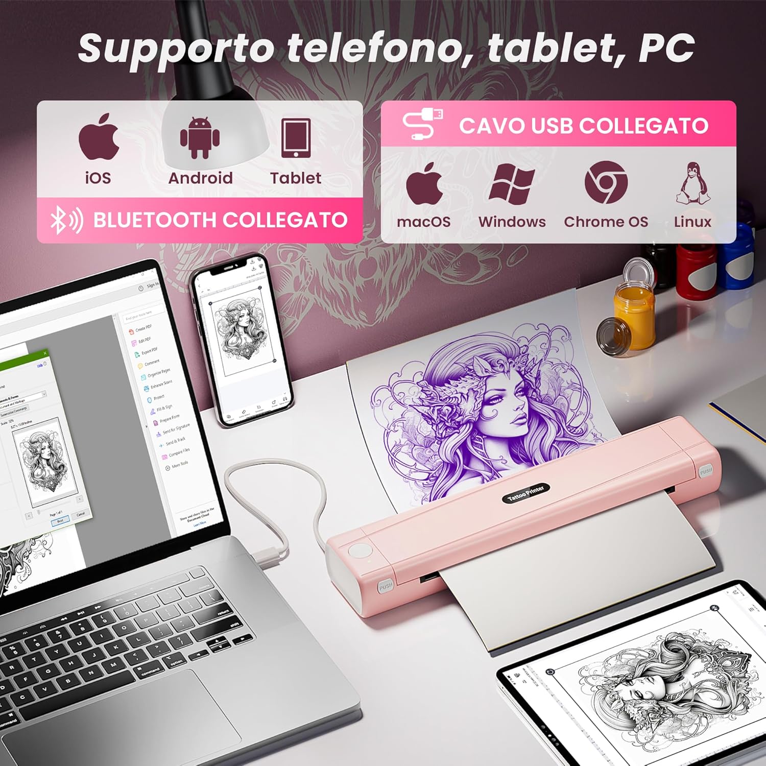Thumbnail 2 de Rosa Stampante Stencil Tattoo TATTMUSE: stampante termica Bluetooth con 10 fogli transfer per tatuaggi