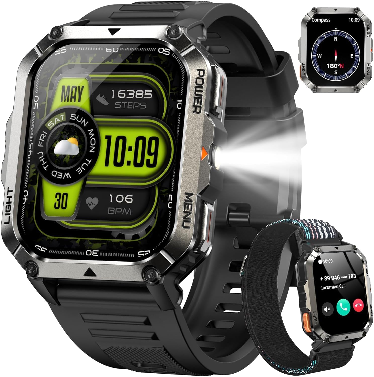 IOWODO Smartwatch Uomo Militare 2.01” IP68 con Bluetooth, torcia LED e 123 modalità sportive