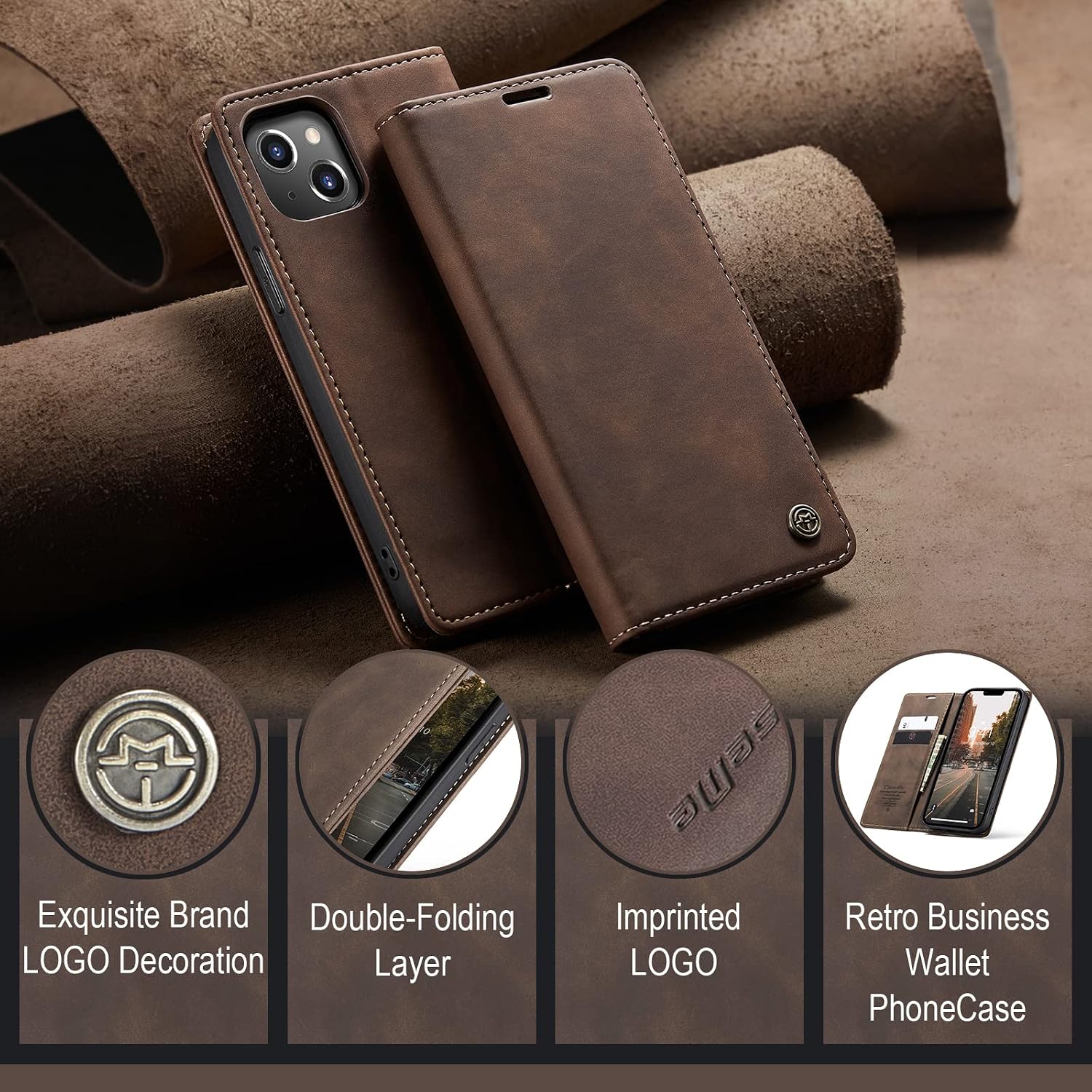 Thumbnail 2 de Monweicz coque iPhone 14 Clapet en cuir Café