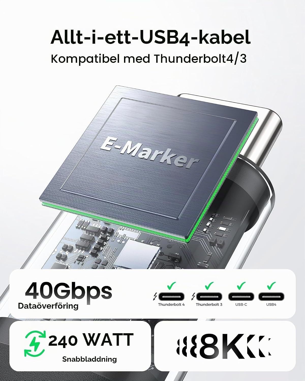 Detalle de Silkland USB4-kabel 50 cm med 40 Gbps, 240 W och stöd för 8K