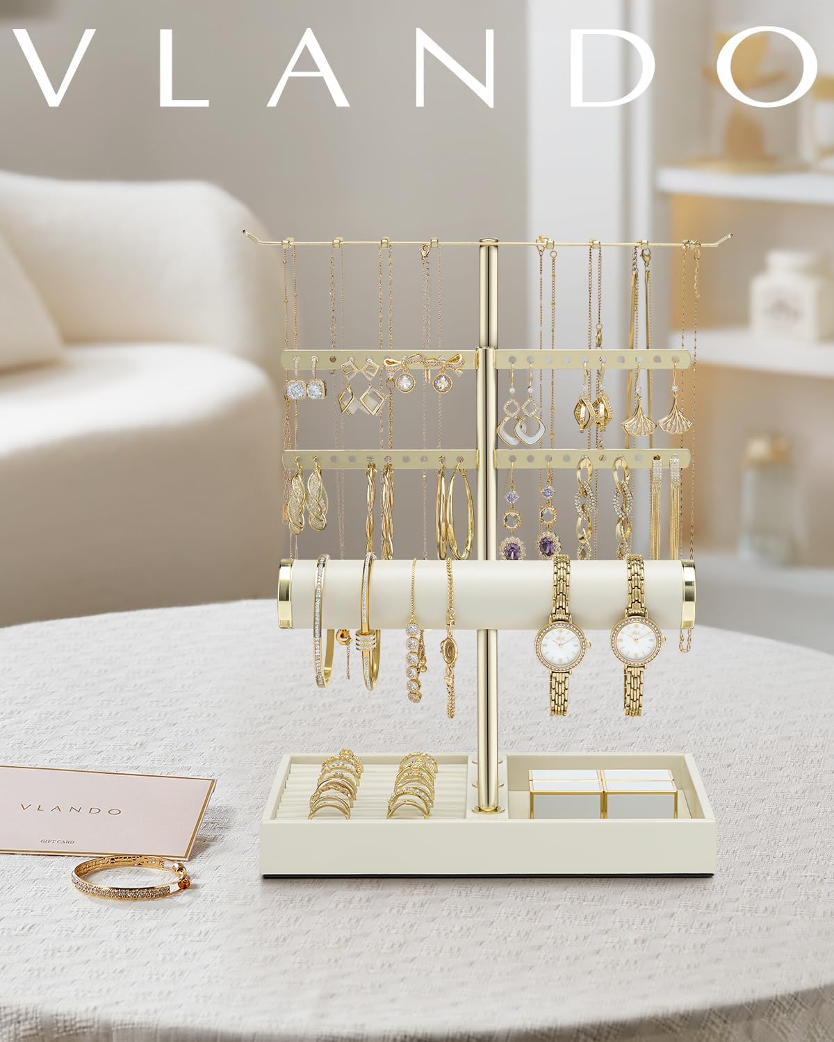Detalle 2 de VLANDO: Organizador de joyas de 4 niveles en cuero PU para collares, anillos y pendientes
