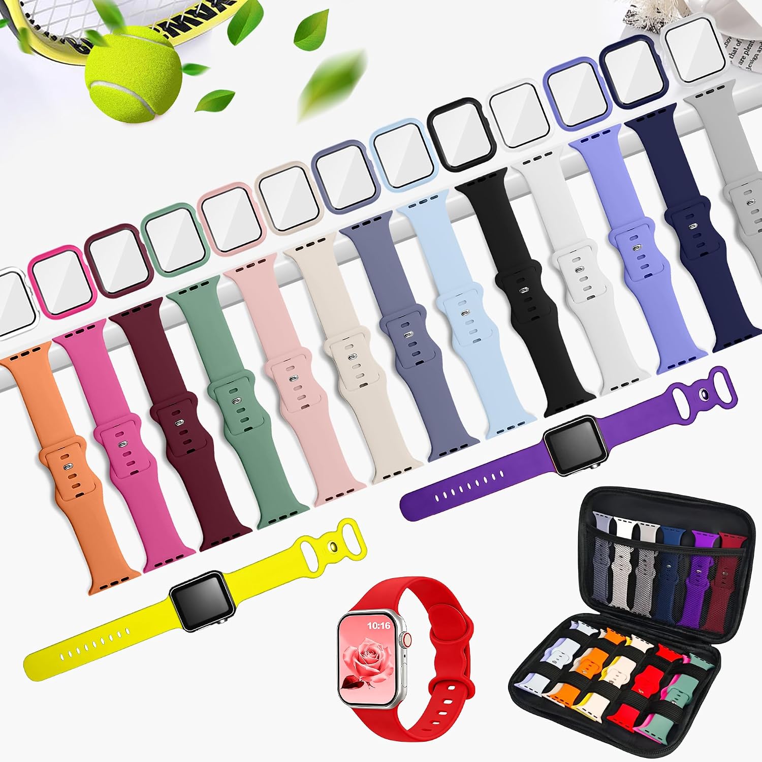 Detalle 2 de 16-Pack Apple Watch Band Set with 42mm Case & Screen Protector — Silicone Bands in Multiple Colors