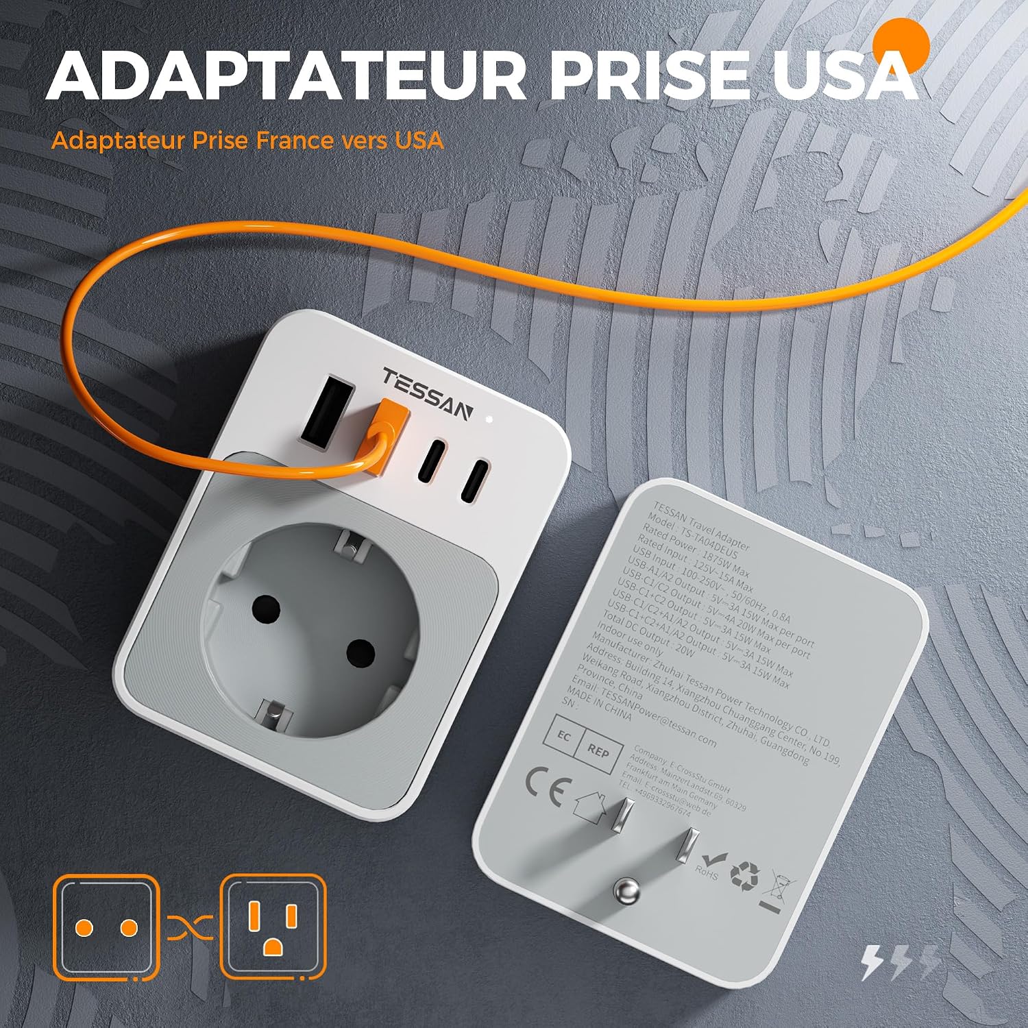 Detalle de TESSAN Adaptateur prise USA 5 en 1 avec 2 USB-C et 2 USB-A (Type B) — charge rapide 20W