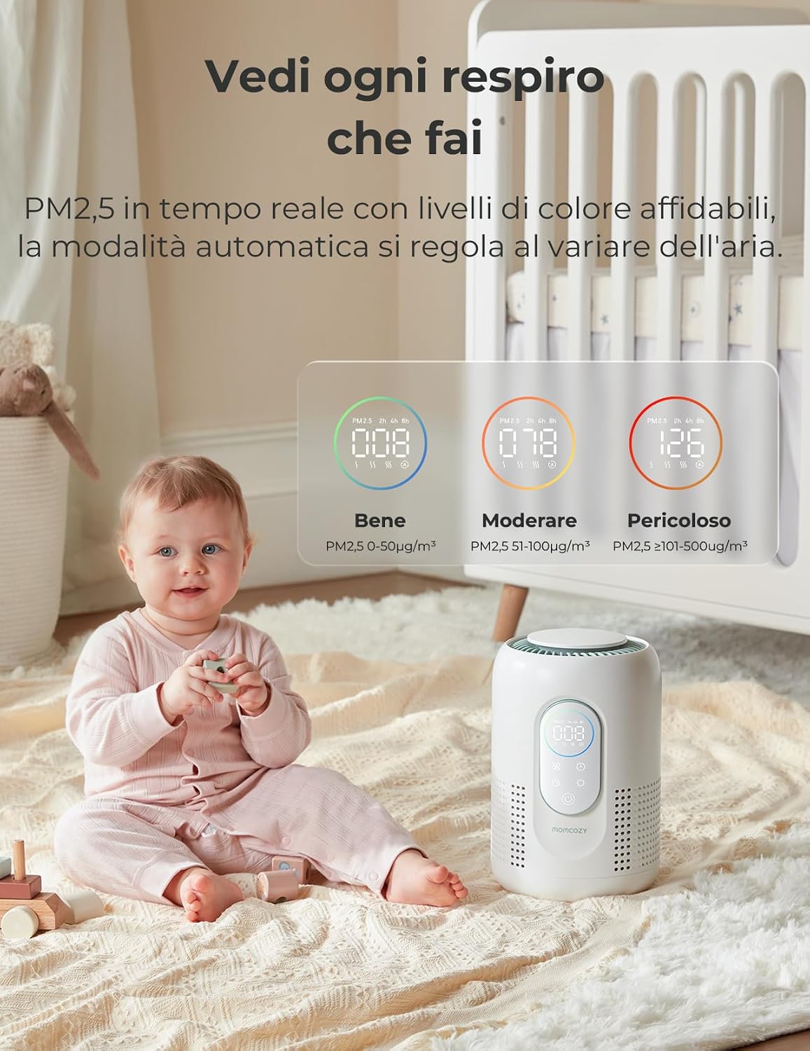 Thumbnail 3 de momcozy Purificatore d’aria per cameretta con HEPA H13 e carbone attivo, monitor PM2.5 in tempo reale e luce notturna dimmerabile