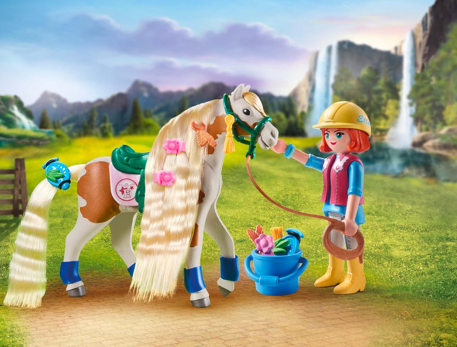 Detalle de PLAYMOBIL Horses of Waterfall 71639 Ellie & Pferd mit Kreppeisen – Set für kreative Pferdefrisuren