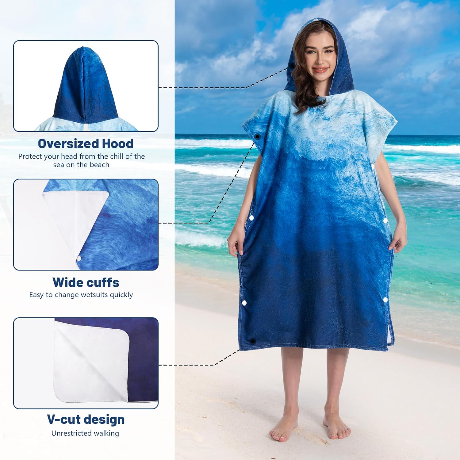 Detalle de MOKANI Changing Robe: Hooded Towel Poncho for Swimming, Beach and Surf