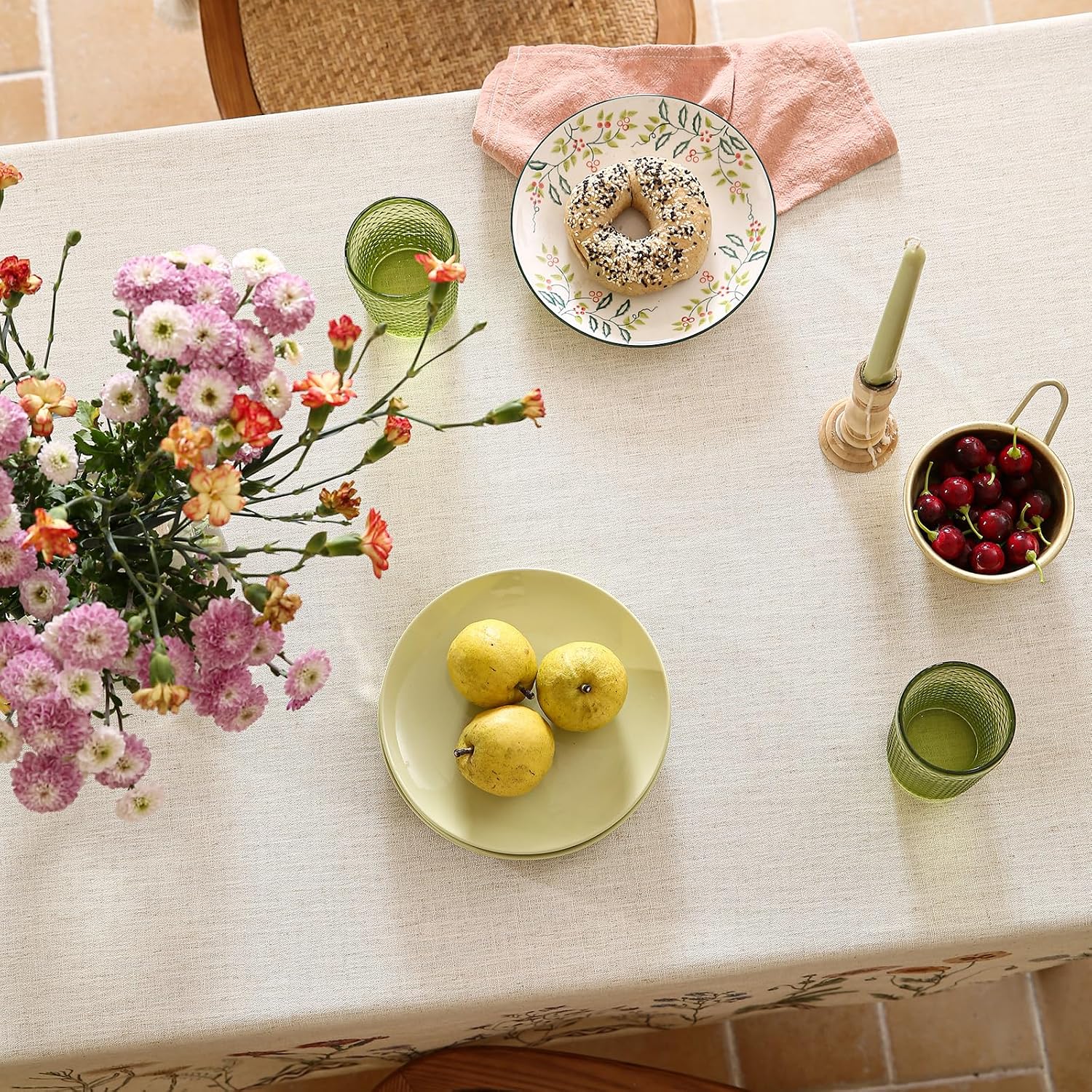 Detalle de ISAENNE Designer Linen Rectangular Long Tablecloth, 118" x 67" – Serenity G, Vintage Elegant French Style