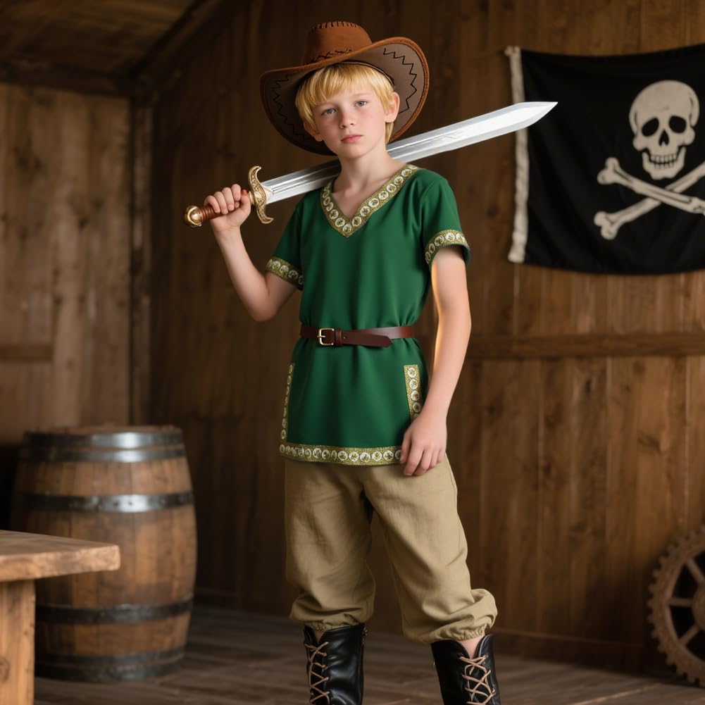 Detalle de AYBUY Renaissance Warrior Ritter Tops für Jungen – Dunkelgrüne Tunika mit Braunem Gürtel (120 cm)