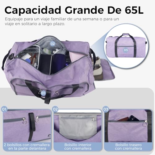 Detalle de Fmeida Bolsa de Viaje Grande 65L, plegable y resistente, color púrpura