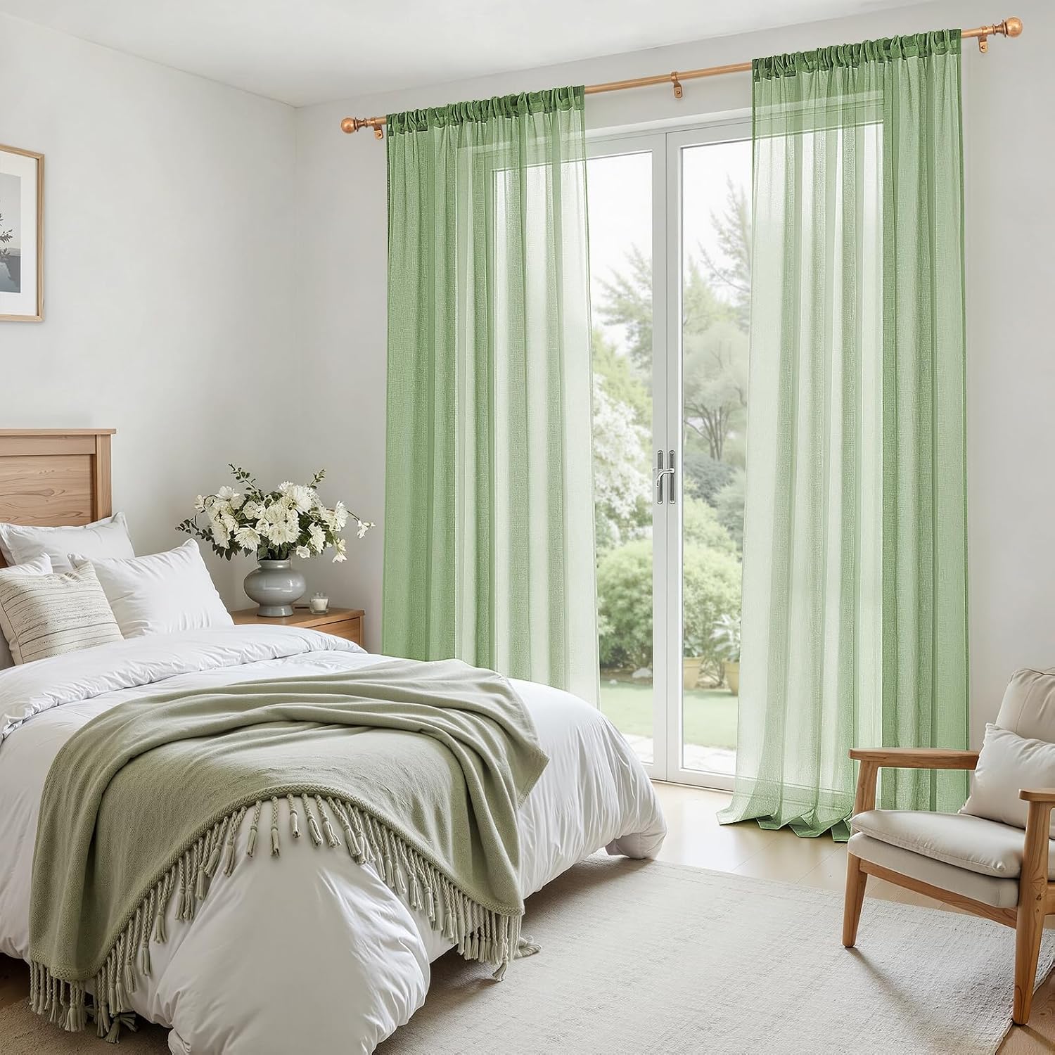 Thumbnail 5 de MRTREES Green Sheer Rod Pocket Curtains, 2 Panels – Sage Green, 140x122 cm (55x48 in) with 48 Inch Drop