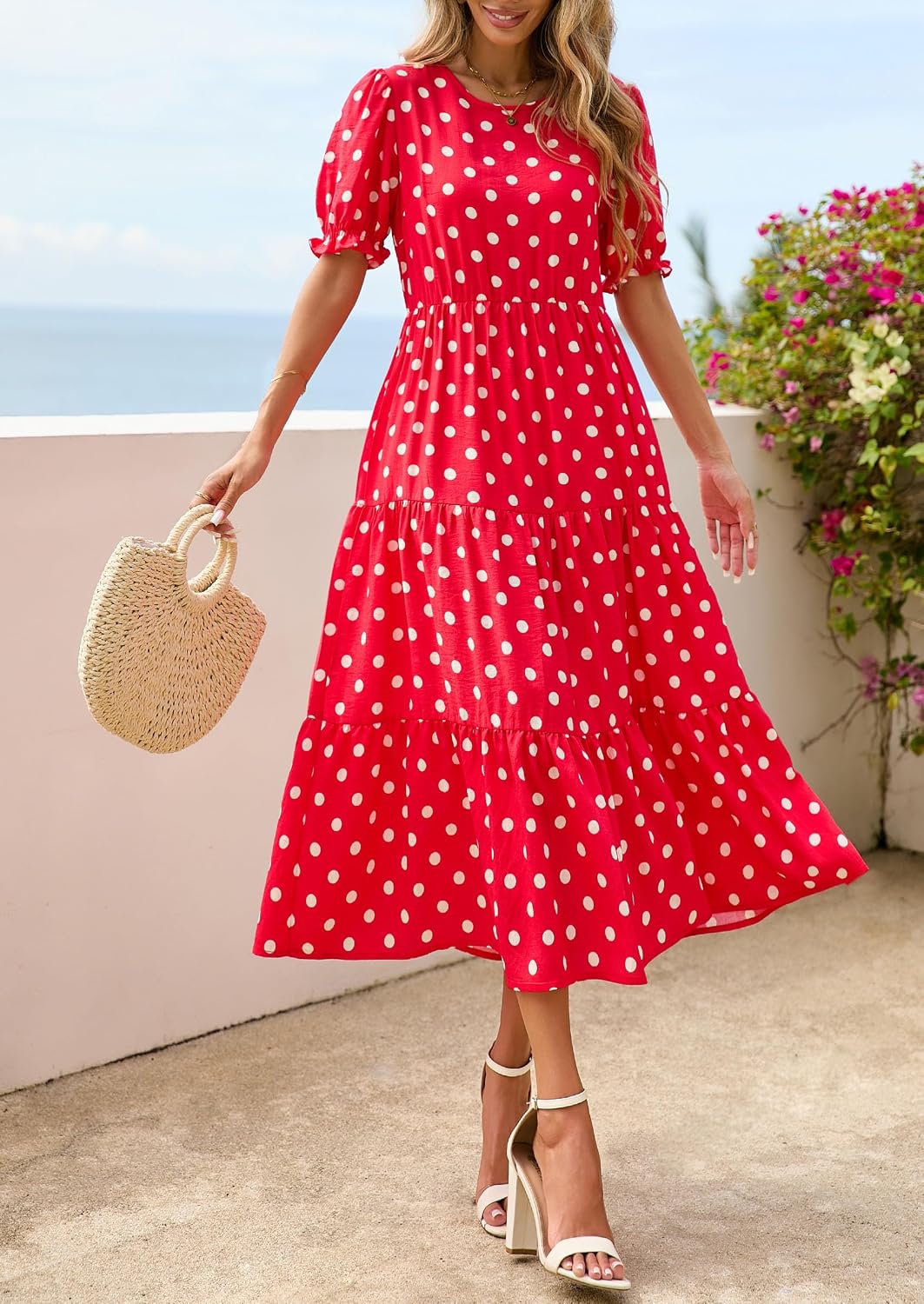 Thumbnail 2 de PRETTYGARDEN Women's Short Sleeve Midi Floral Dress — Boho A-Line, Elastic Waist, Spring-Summer Ready