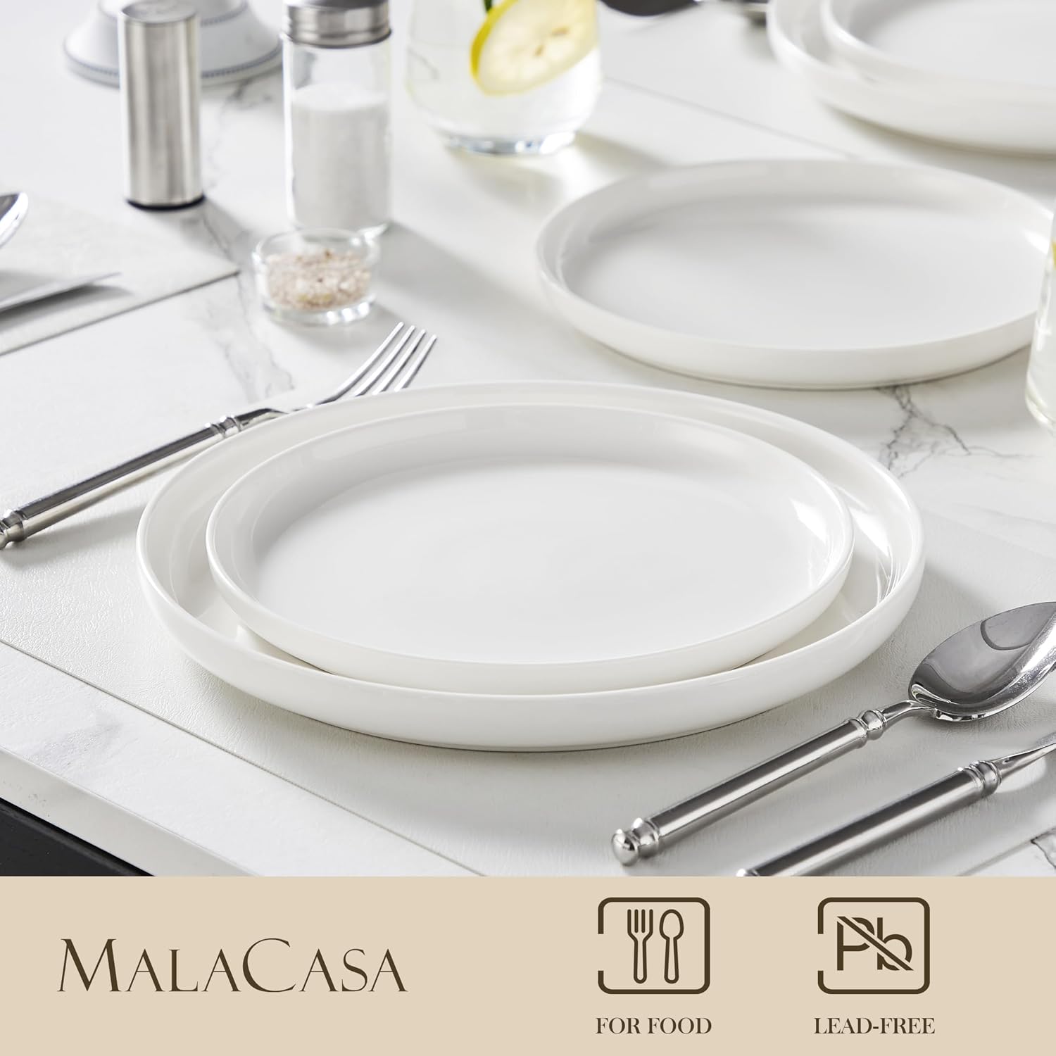 Detalle de MALACASA LUNA Dessertteller-Set für 6 Personen, Ø 21 cm – Weißes Porzellan, erhöhter Rand
