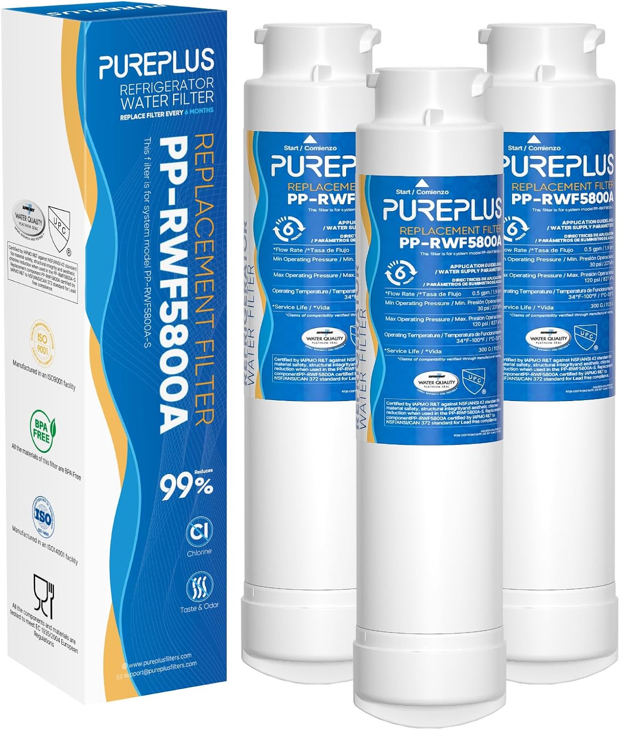 Detalle de PUREPLUS RWF5800A Refrigerator Water Filter Replacement, 3-Pack for Frigidaire
