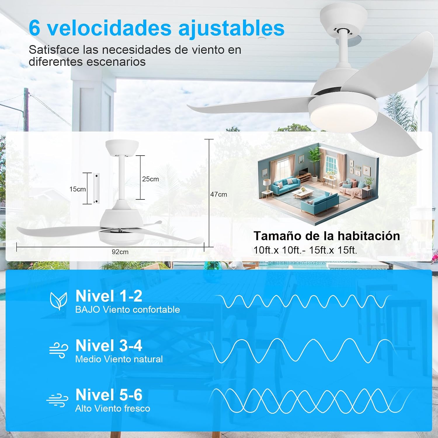 Detalle 2 de YAZIONG Ventilador de Techo con Luz Silencioso: rendimiento DC, 6 velocidades y luz LED adaptable