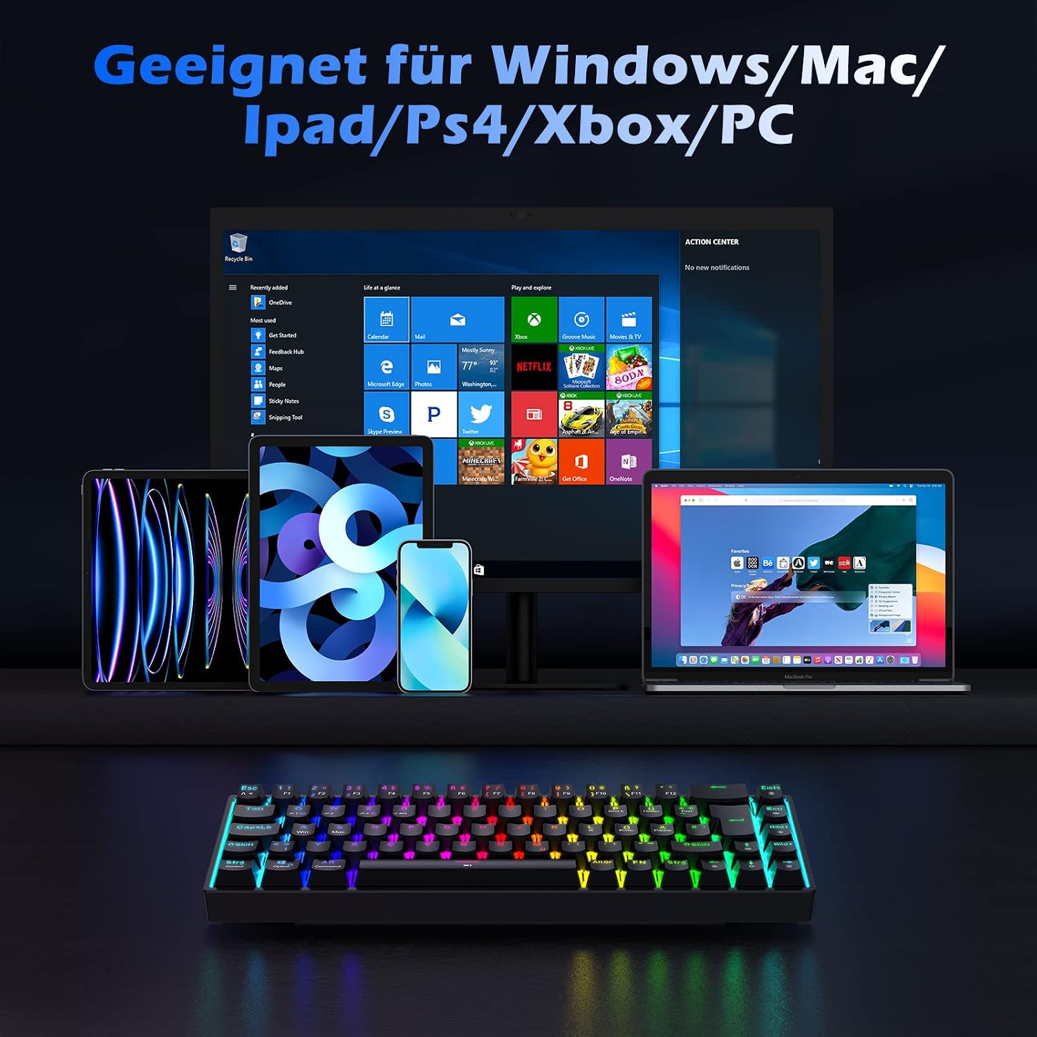 Detalle de TECURS Gaming Tastatur Kabellos – 65% TKL Mechanische Tastatur mit roten Switches, QWERTZ Deutsches Layout