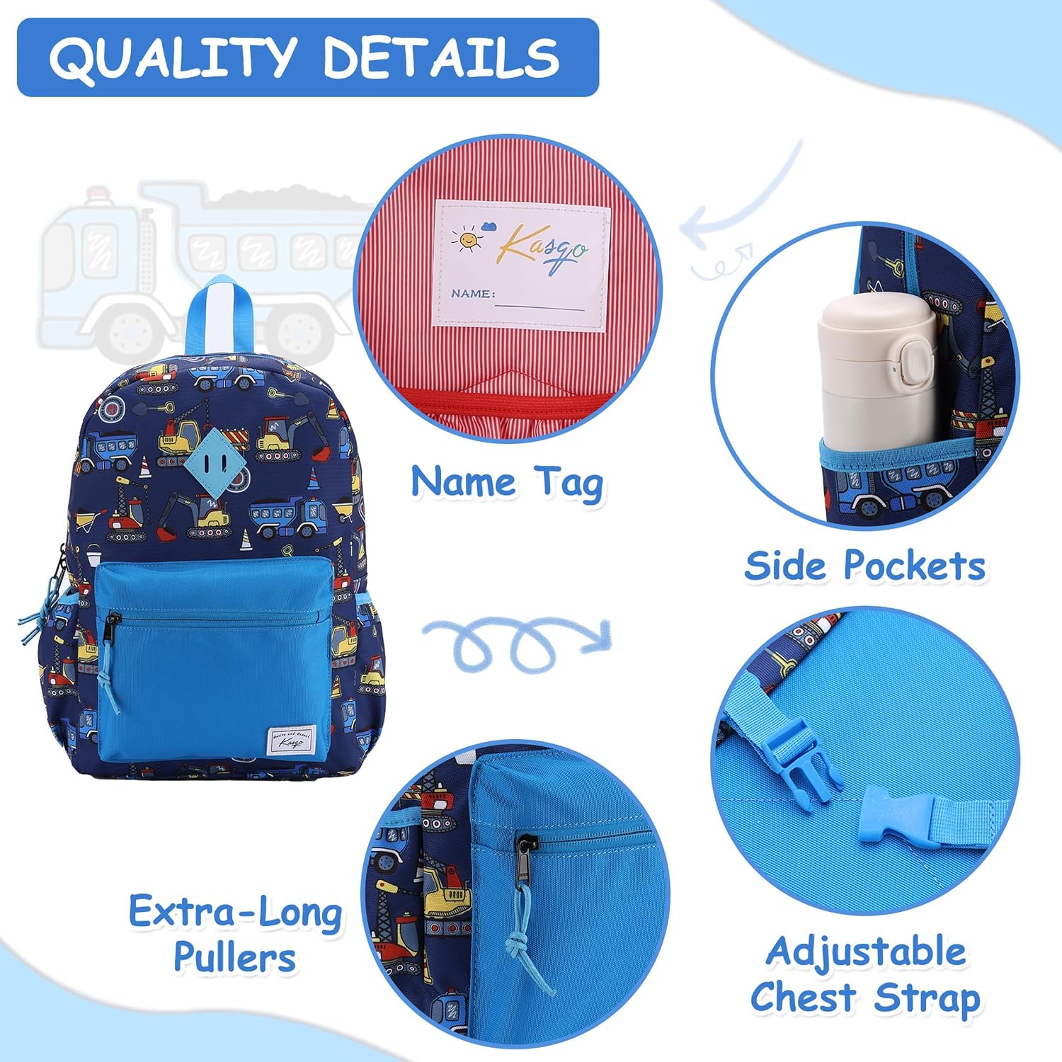 Detalle 2 de Kasgo Kids Backpack for Boys Girls (13L) – 29×12×38cm school bag with chest strap and water bottle holders