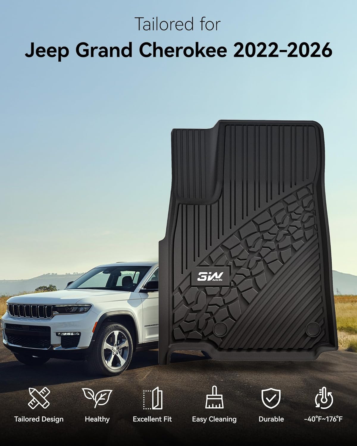 Thumbnail 5 de 3W TPE Floor Mats & Cargo Liner for Jeep Grand Cherokee (2022–2026, WL incl. 4xe, not L or WK) Black